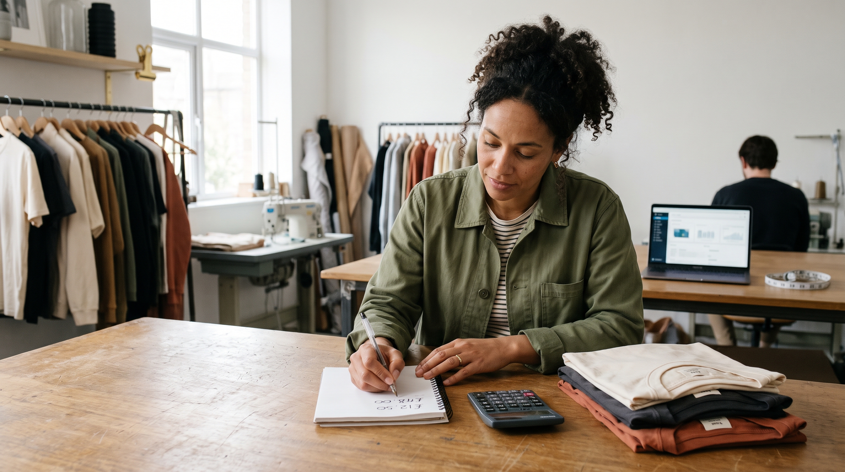 Clothing brand owner writing cost figures in a notebook beside folded t-shirts and a calculator on a studio table