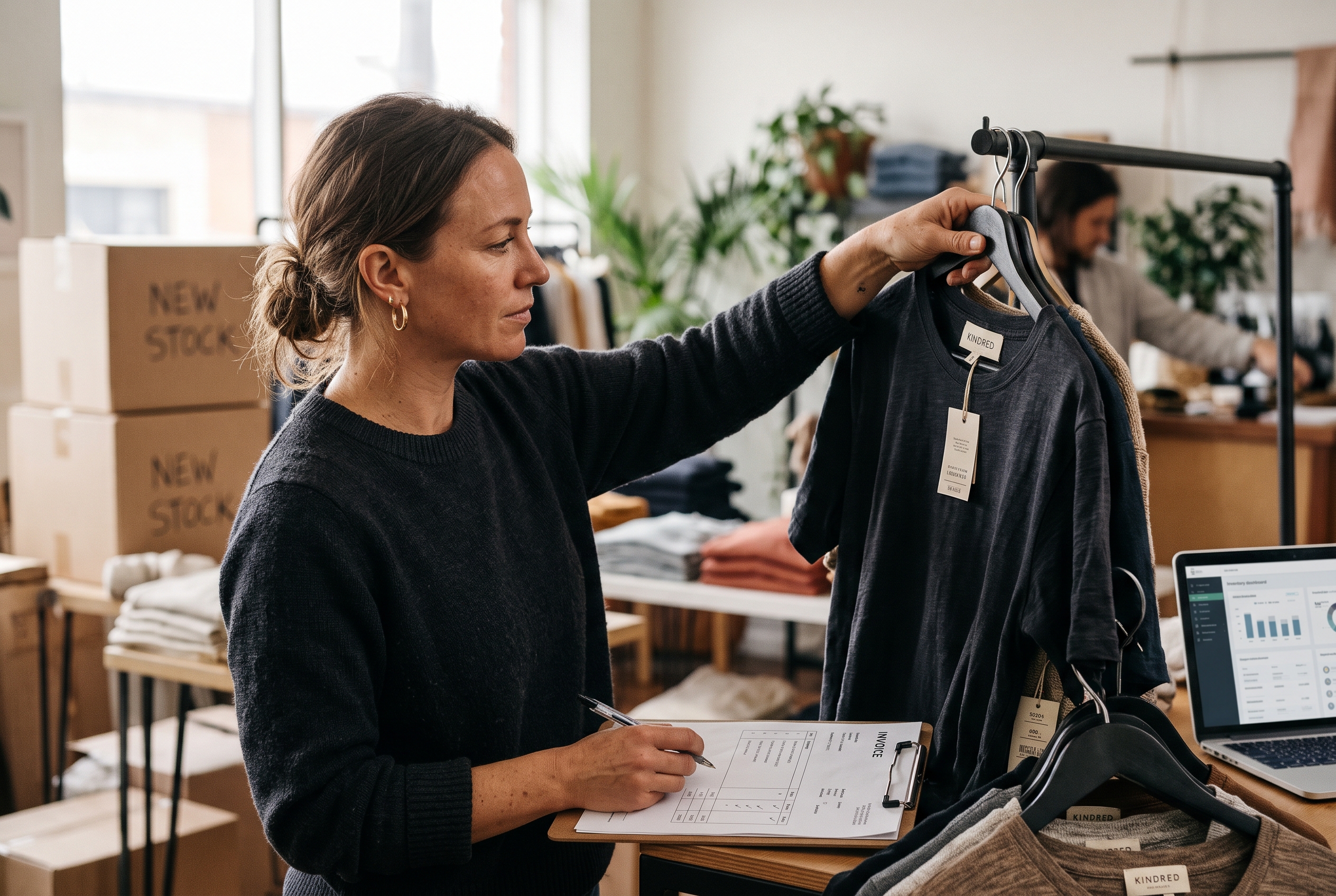 Boutique owner hanging tagged shirts on a rack while checking a wholesale invoice on a clipboard
