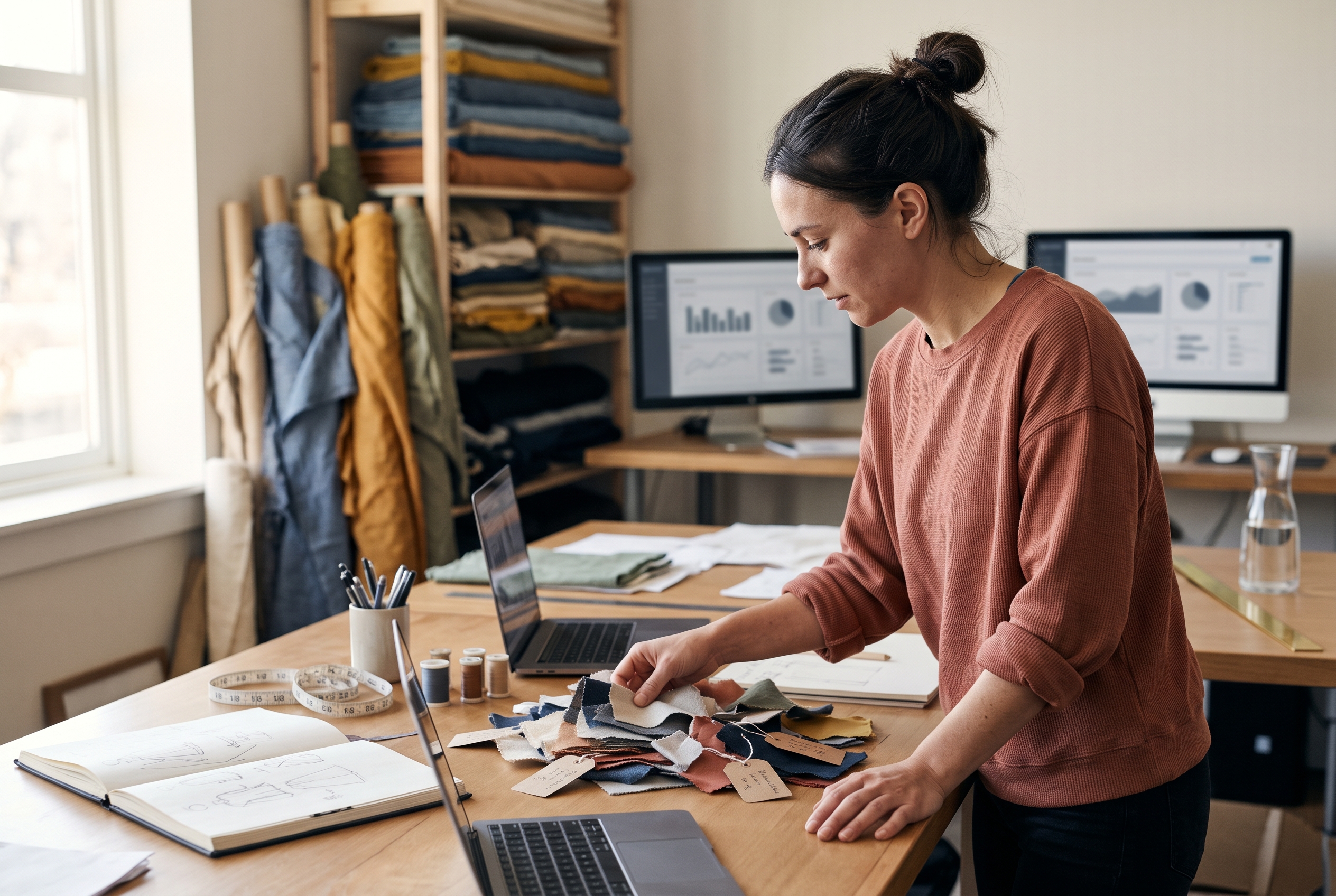 Designer comparing fabric swatches and price tags on a worktable in a small apparel studio