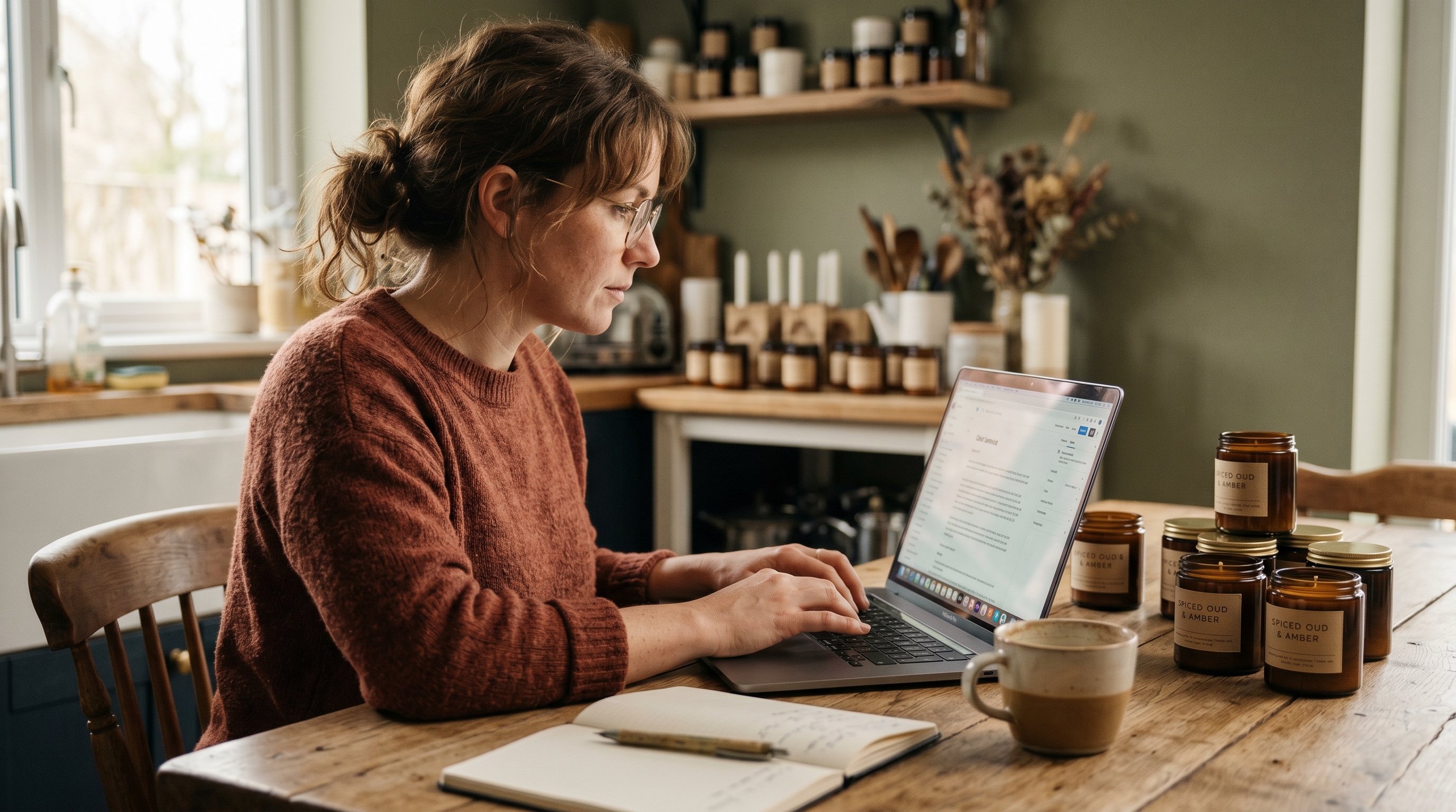 Small business owner typing a detailed product description into a laptop at a kitchen table with handmade candles beside her