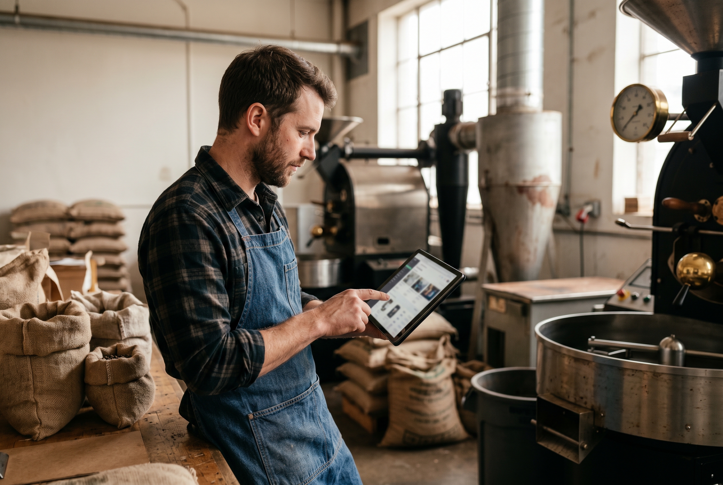 Coffee roaster reviewing a freshly generated subscription storefront on a tablet beside bags of beans in a roastery