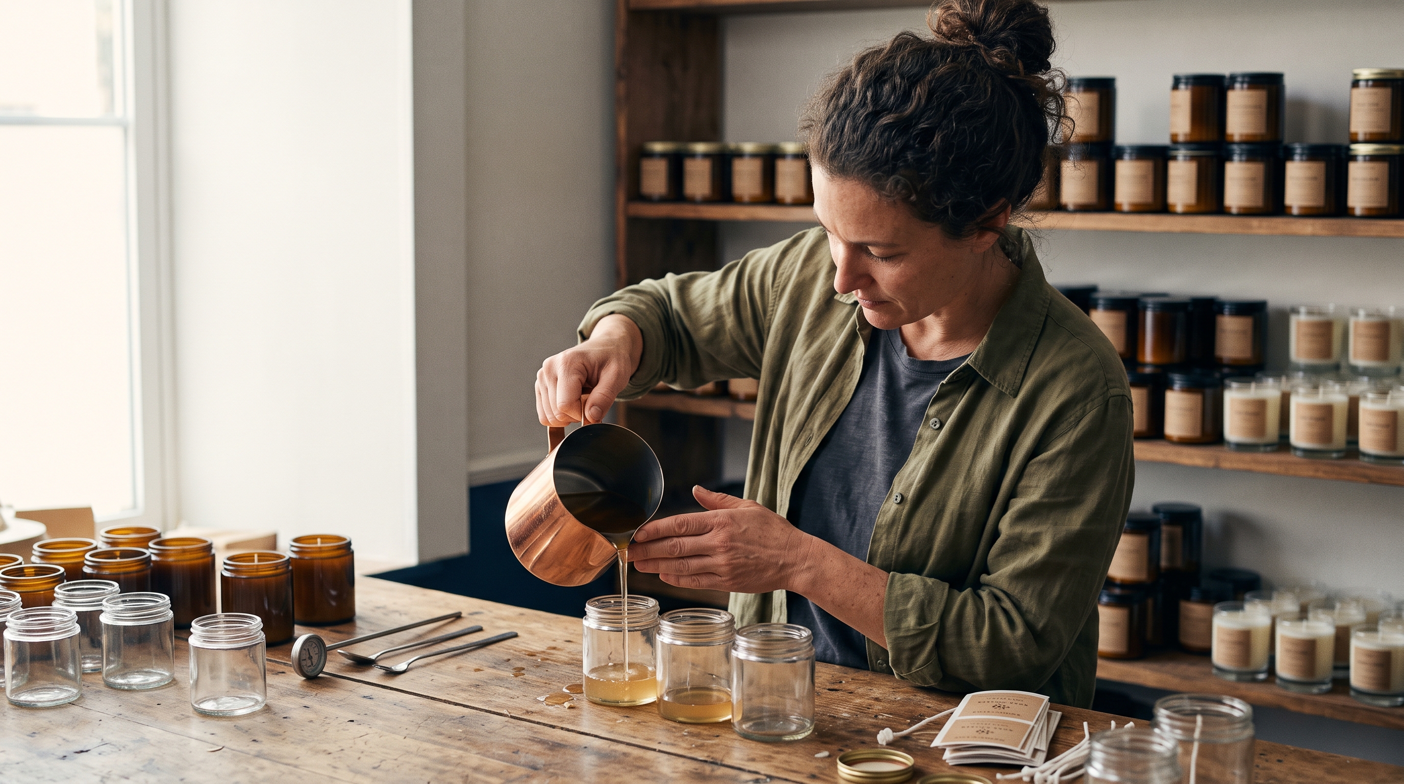Small business owner pouring wax into glass jars on a wooden workbench surrounded by finished candles