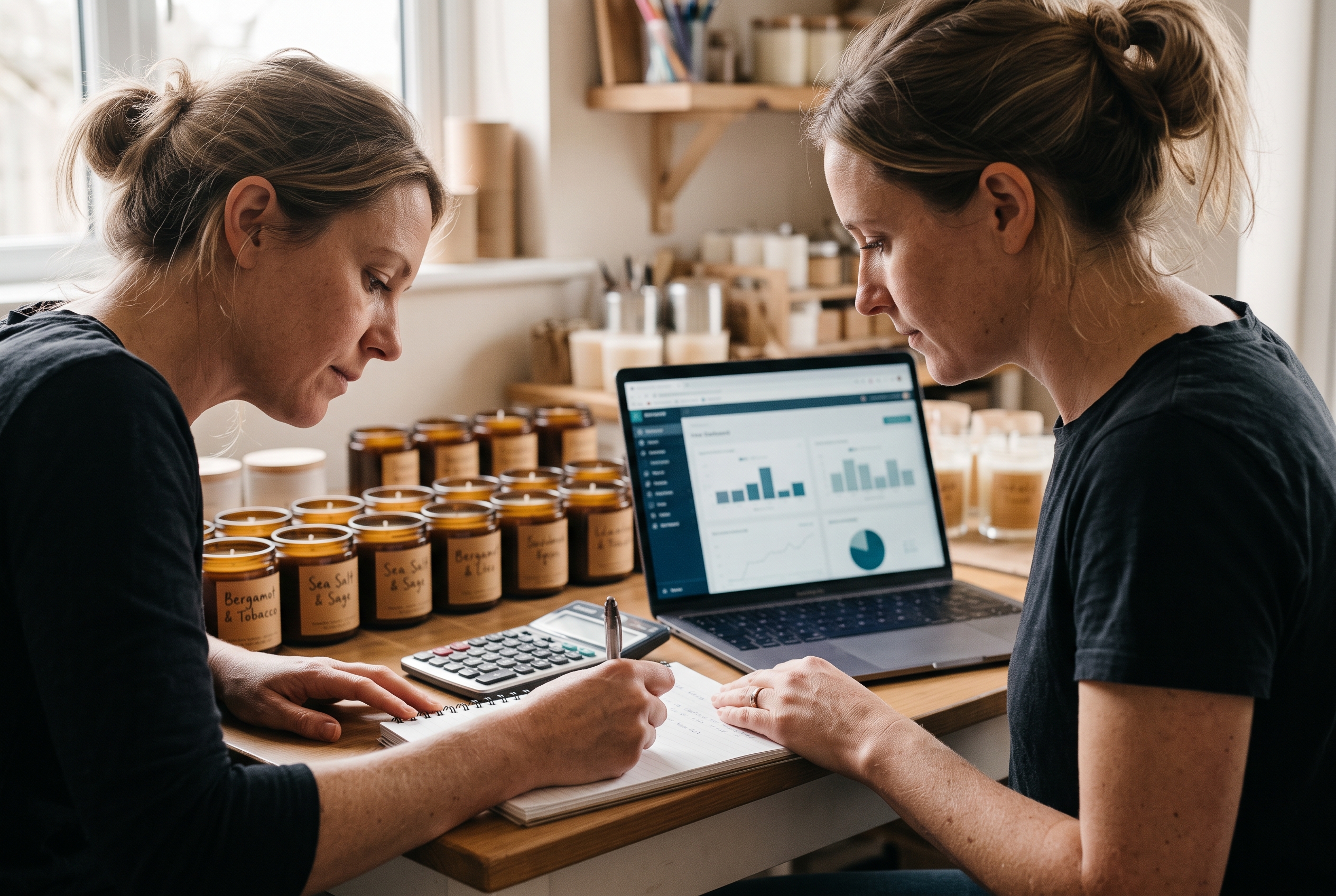 Maker calculating costs on a notebook and calculator beside a row of labeled candle jars in a home studio