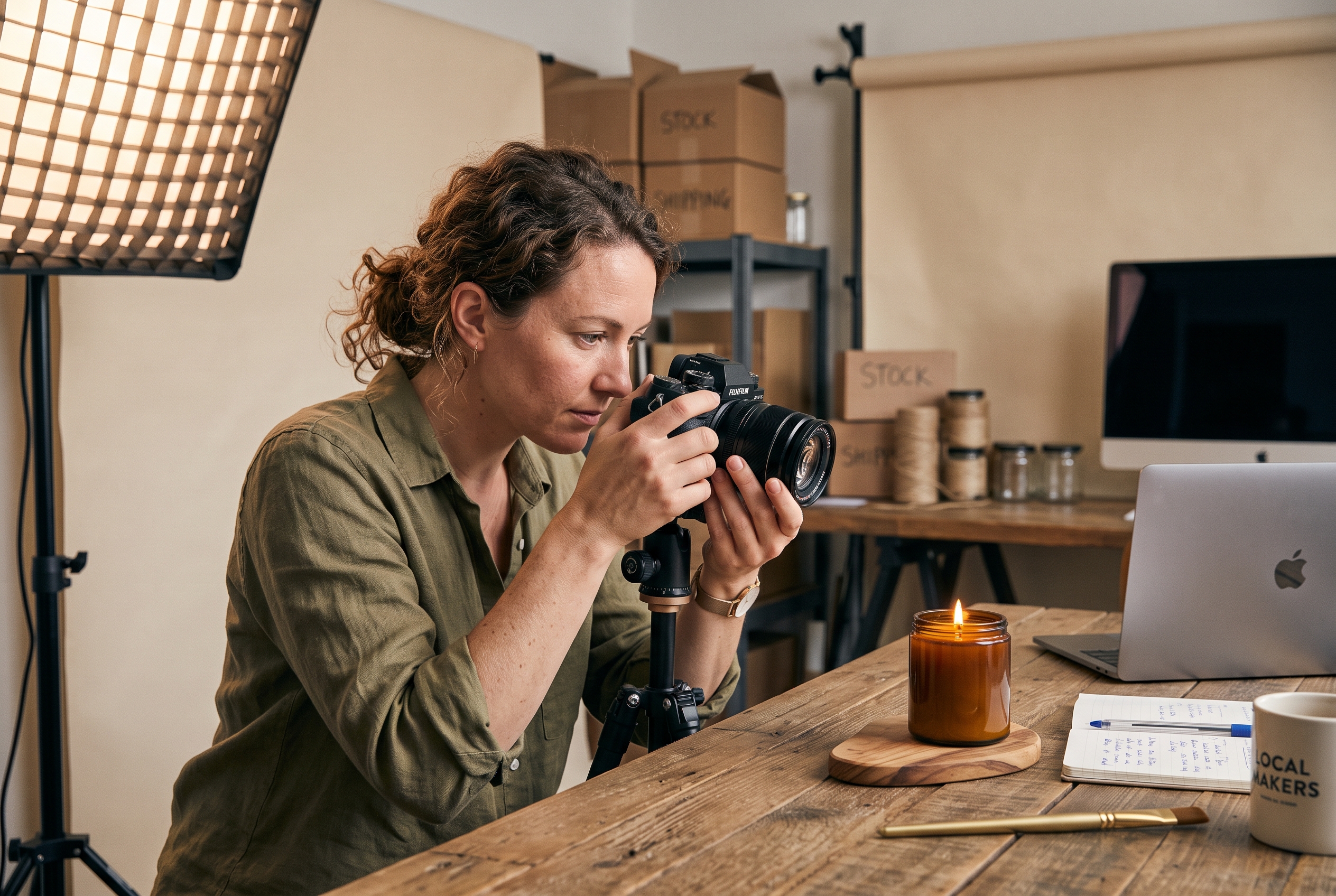 Small business owner photographing a lit candle on a wooden table with a softbox light and neutral backdrop