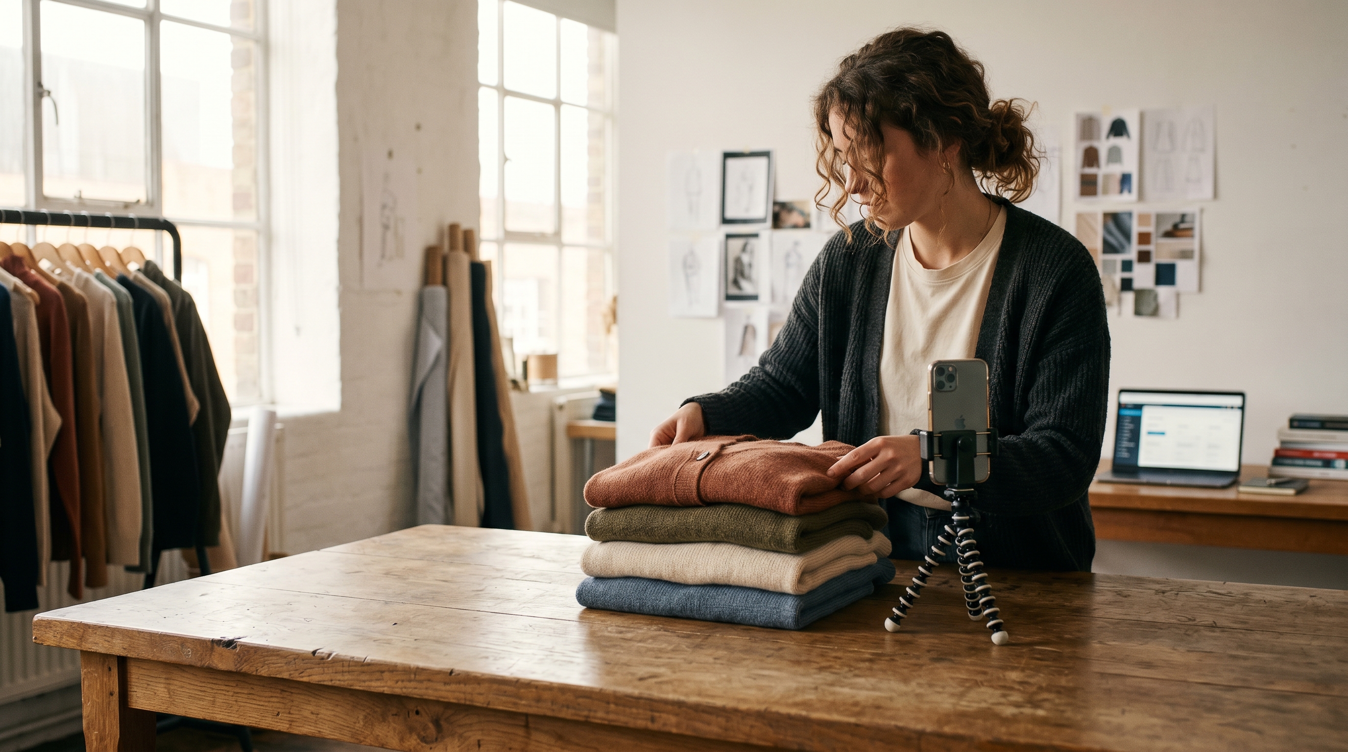 Young clothing brand owner photographing folded sweaters on a wooden table next to a phone on a tripod in a sunlit studio