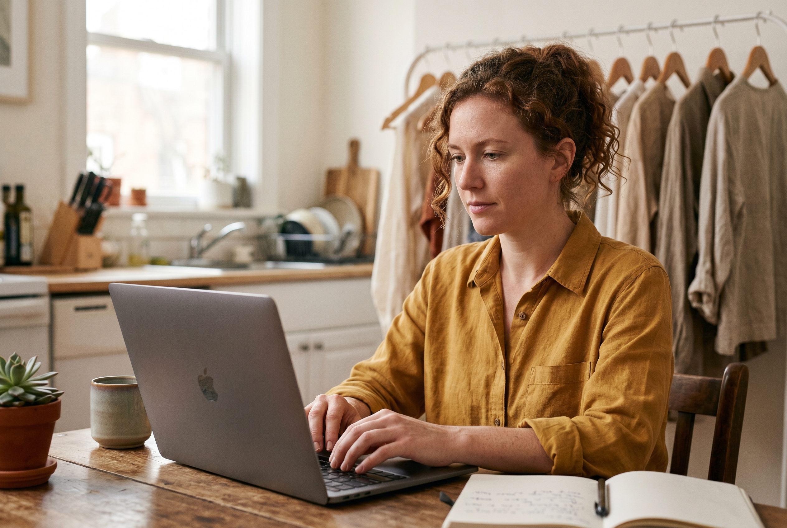 Small business owner setting up an Instagram business profile on a laptop at a kitchen table with a rack of clothing behind her