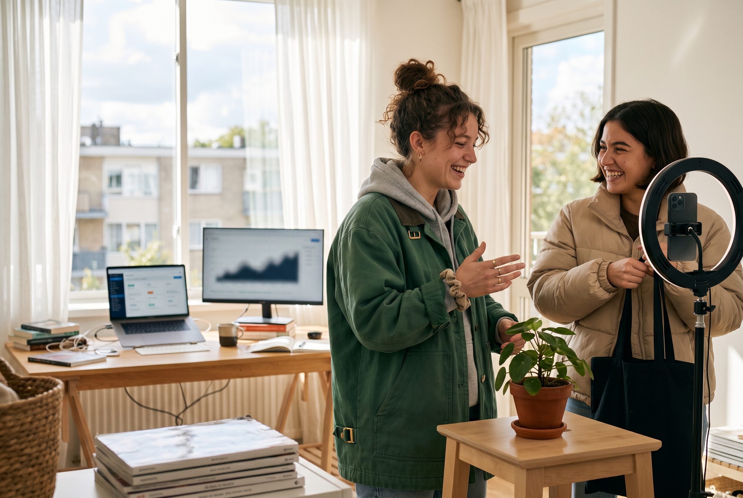 Two friends filming a Reel trying on jackets in front of a phone propped on a ring light in a bright apartment
