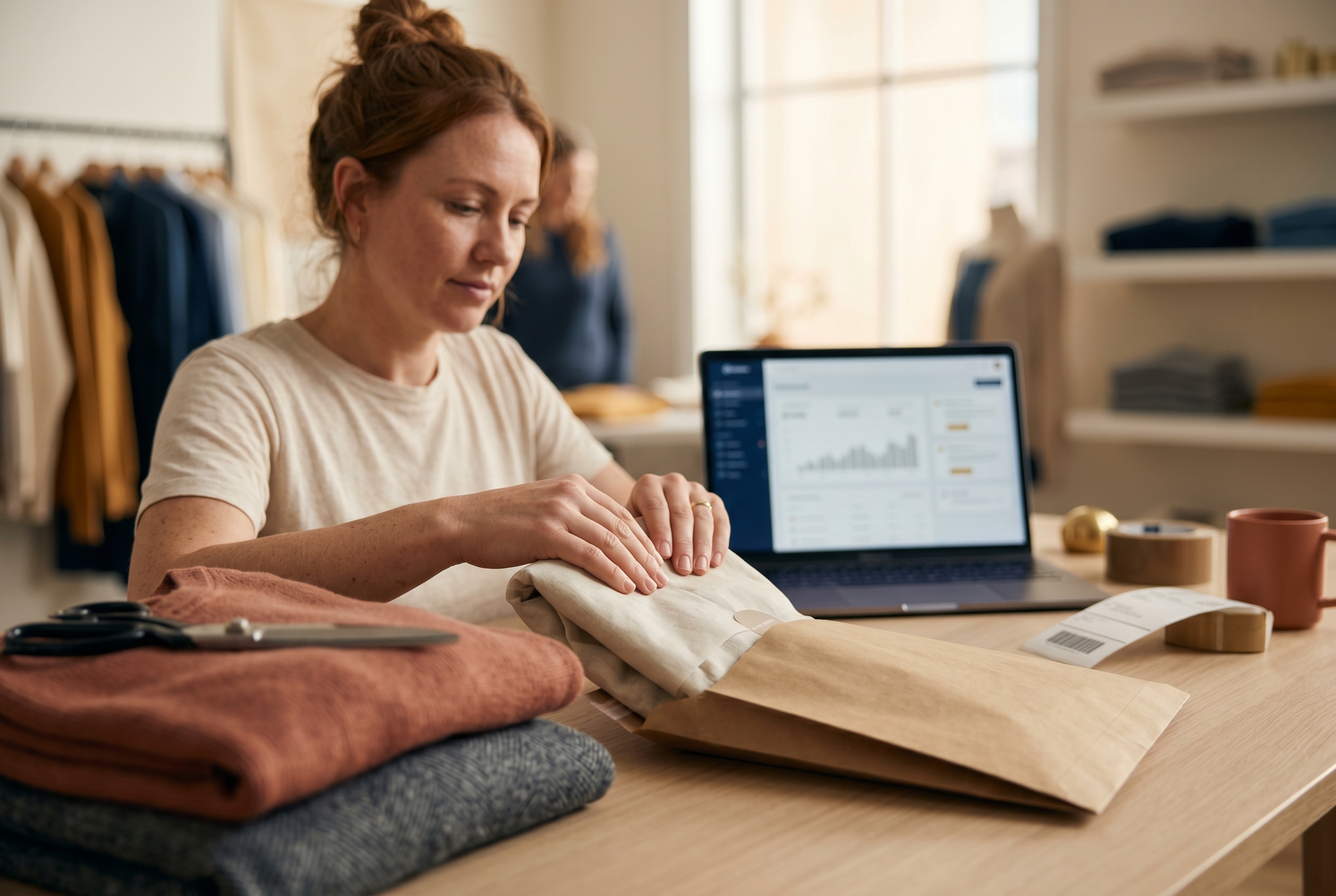 Clothing store owner packing wrapped apparel orders into mailers at a tidy desk with a laptop showing order notifications