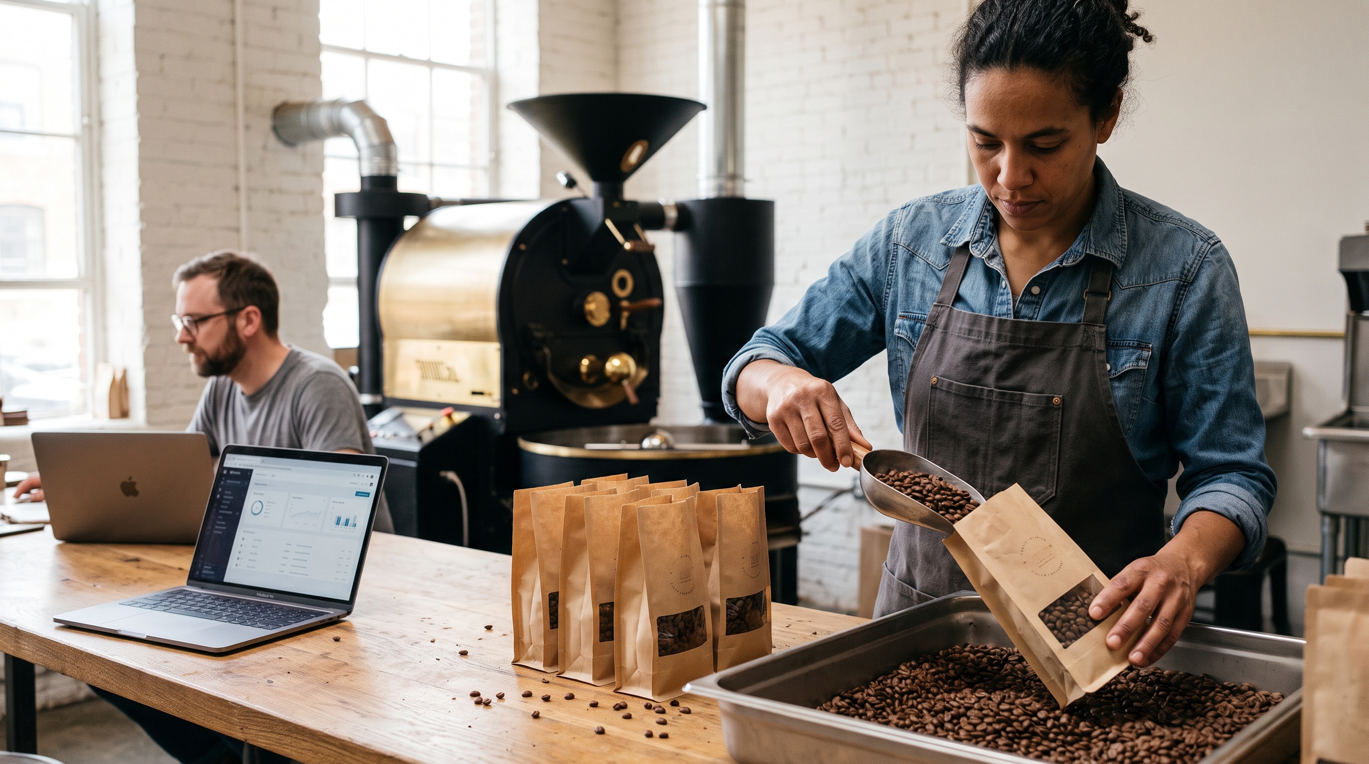 Small-batch coffee roaster scooping freshly roasted beans into kraft bags on a wooden workbench in a bright roastery