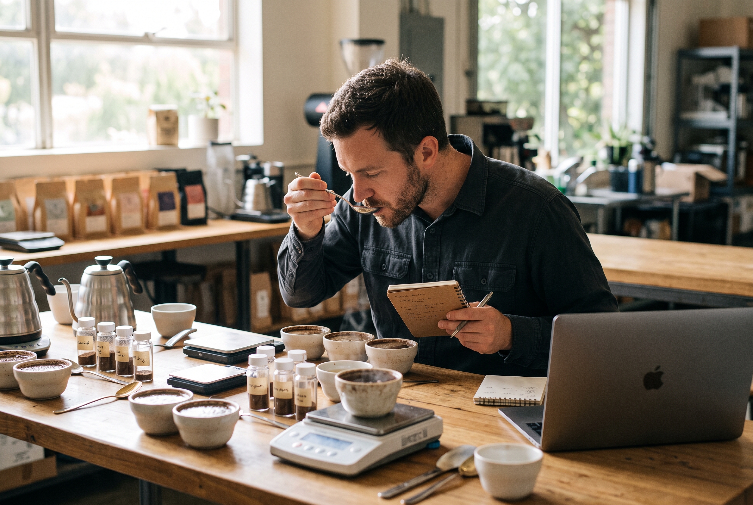 Coffee buyer cupping samples at a long table with scales, notebooks and small cups in a sunlit tasting room