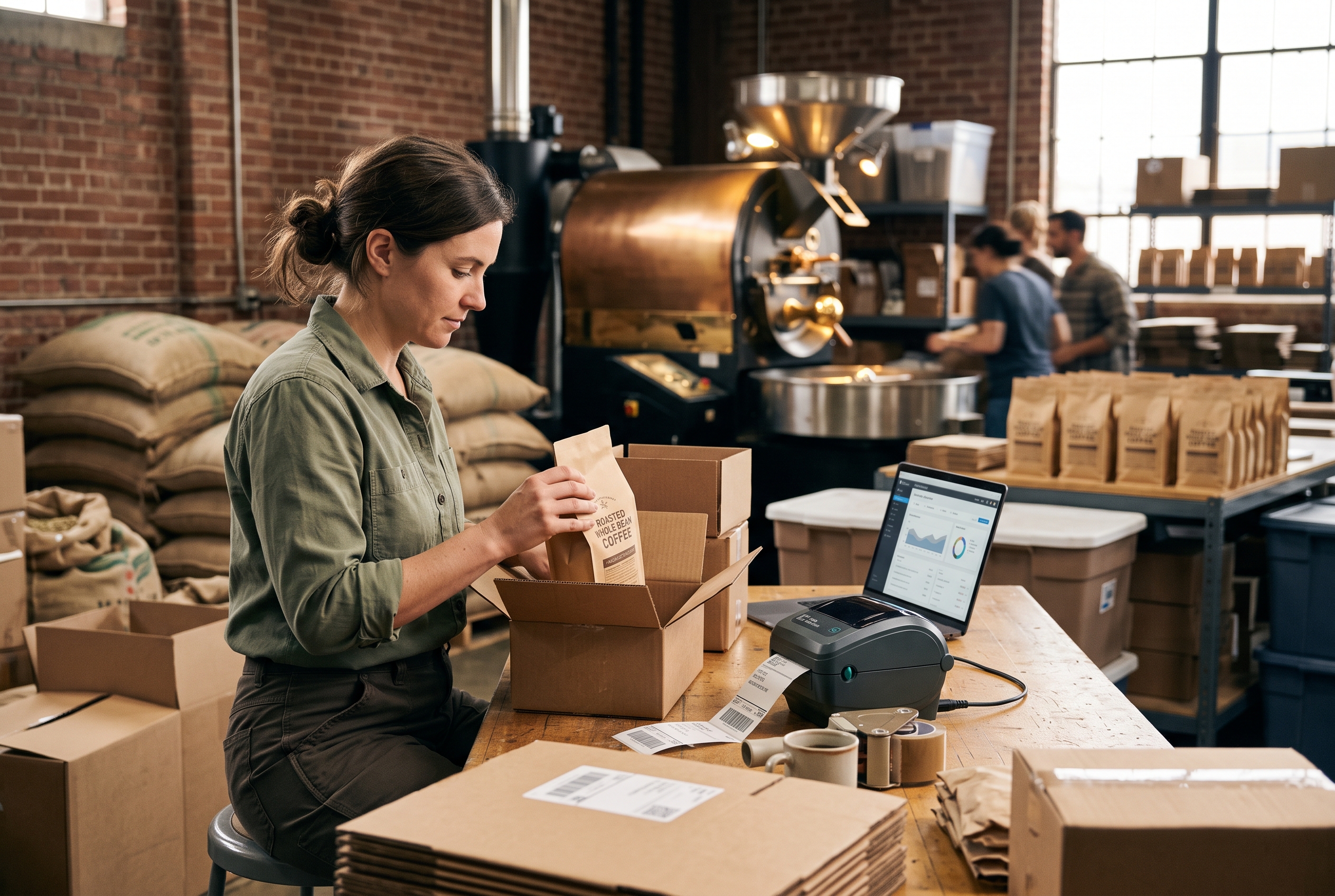 Woman packing bags of roasted coffee into small shipping boxes at a packing table with a label printer beside her