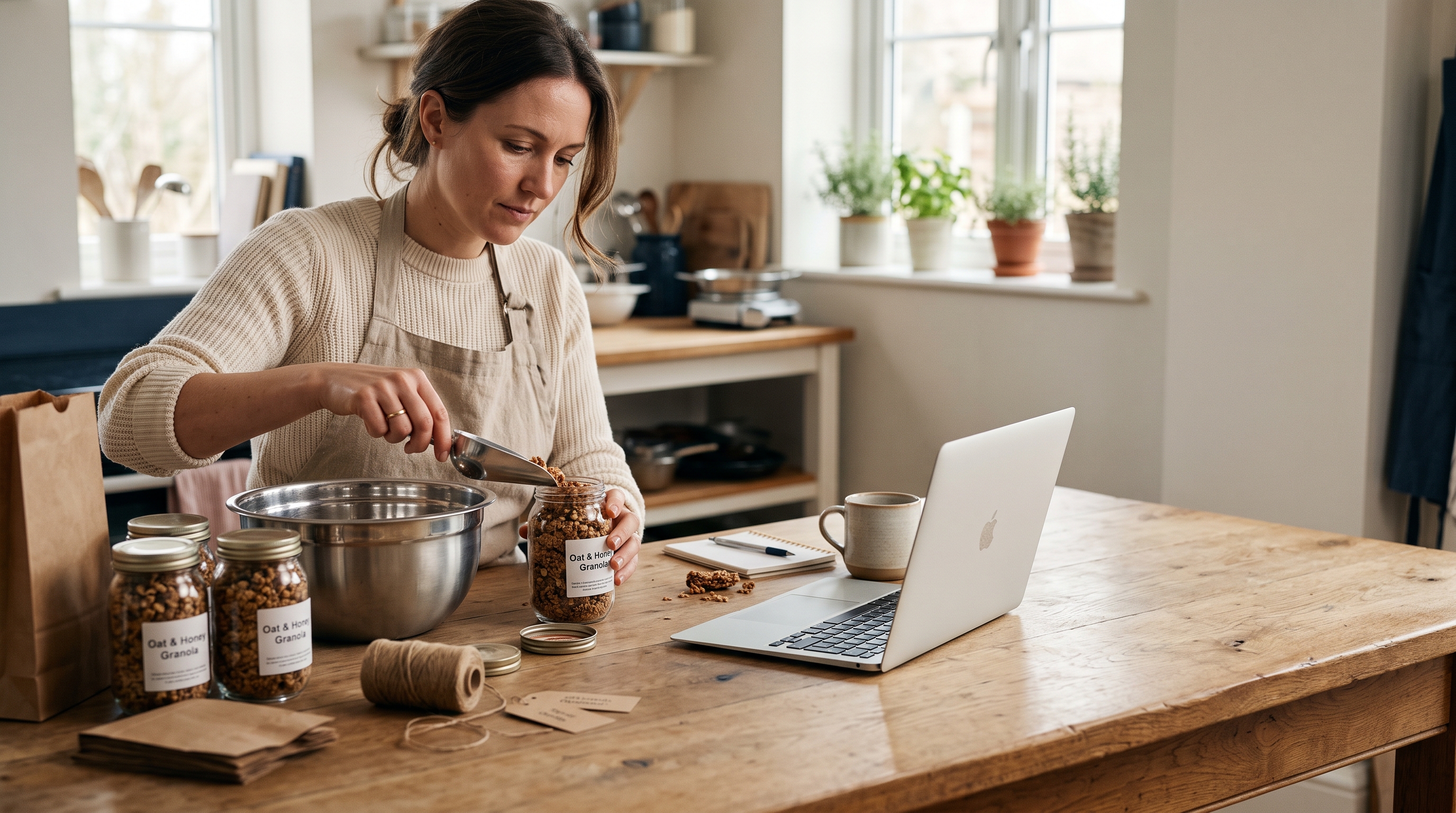 Home baker packaging jars of granola on a wooden kitchen table with a laptop open beside her