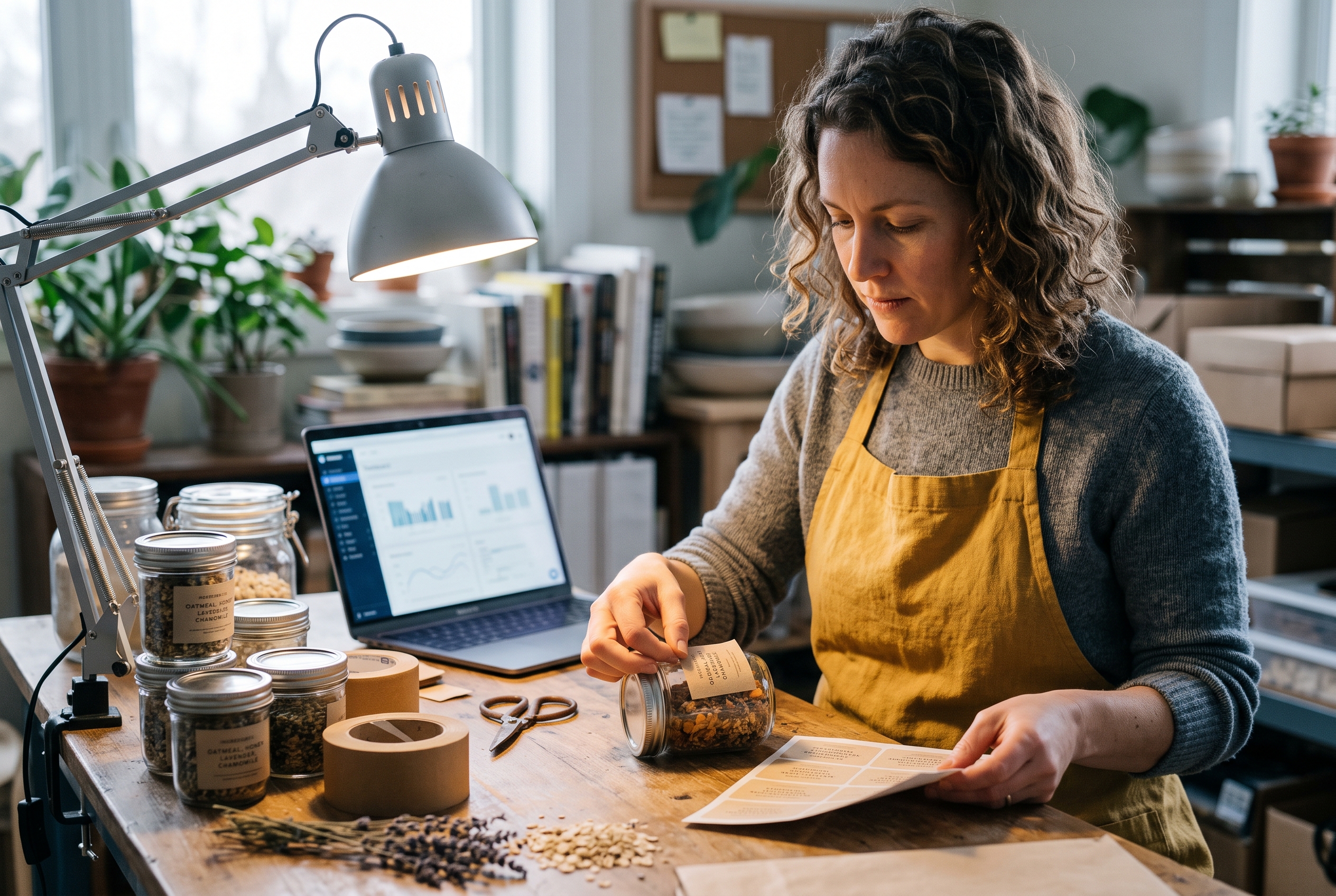 Small business owner applying printed ingredient labels to jars under a bright work lamp in a home studio
