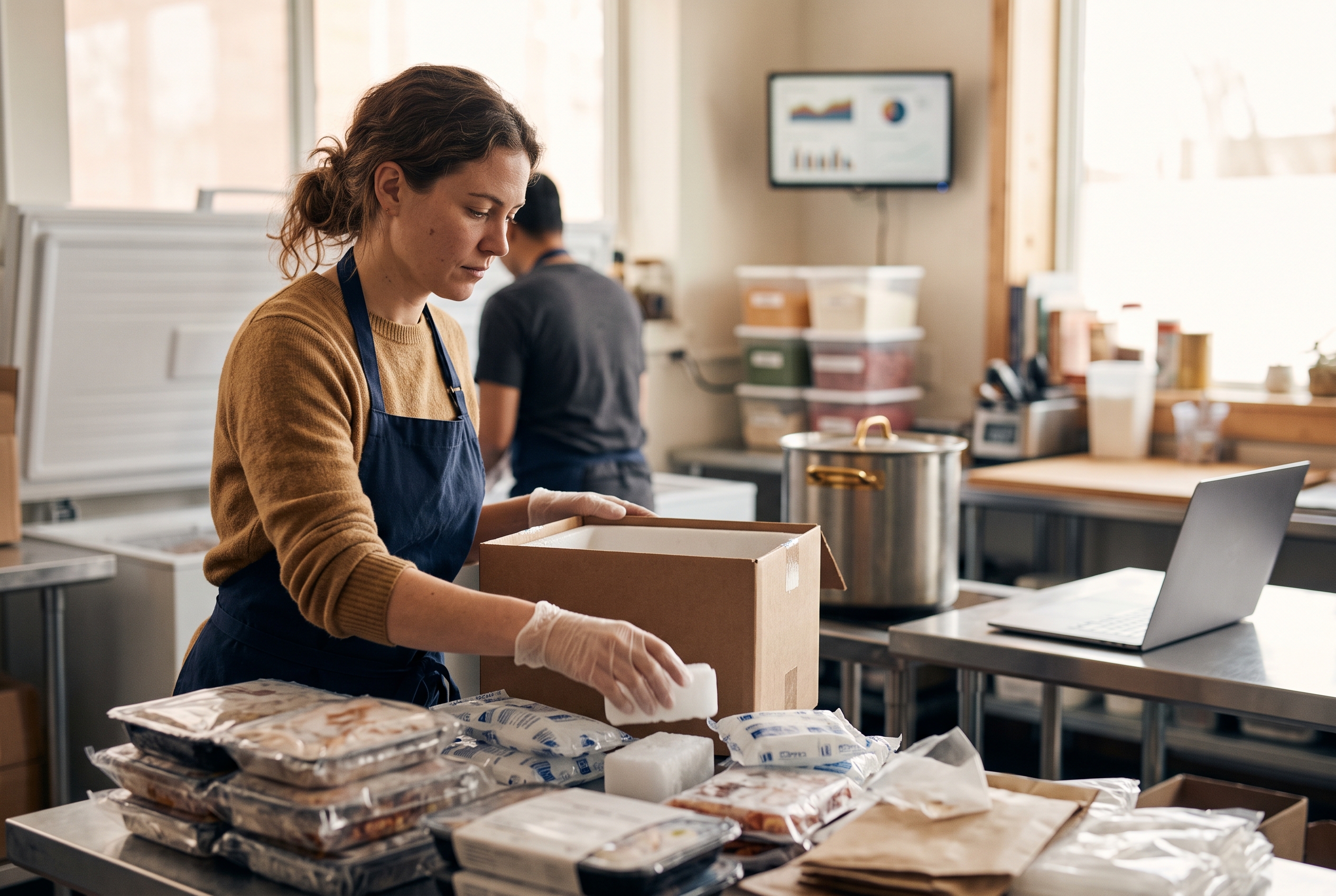 Worker packing frozen meals into an insulated box with dry ice and gel packs in a small commercial kitchen