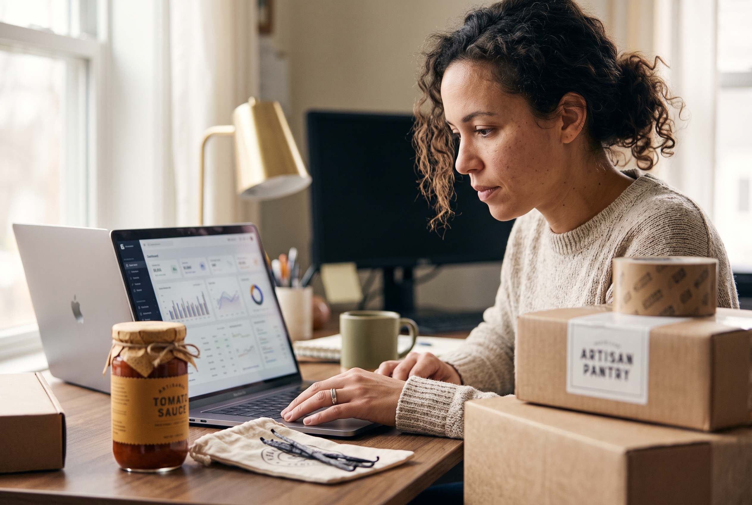 Founder reviewing her online food store on a laptop with product samples and shipping supplies on the desk