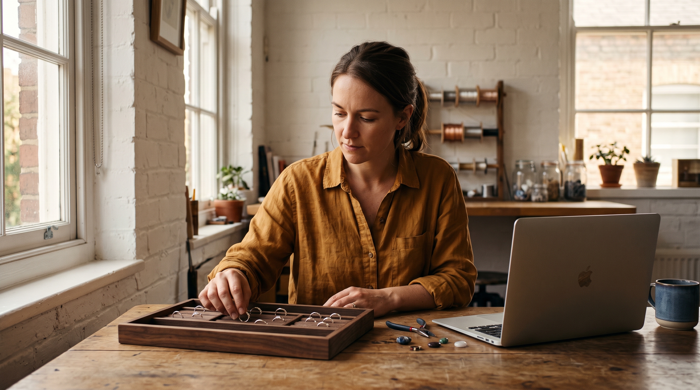 Jewelry maker arranging handmade silver rings on a wooden tray beside a laptop in a sunlit home studio