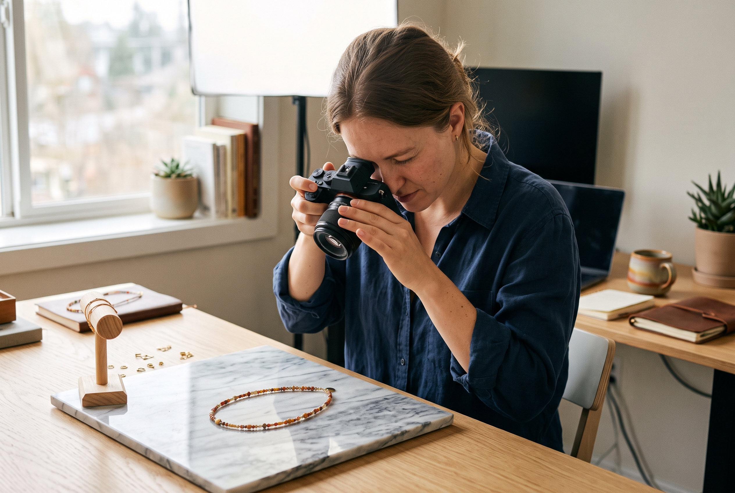Small business owner photographing a beaded necklace on a marble surface under a softbox light on a tidy desk