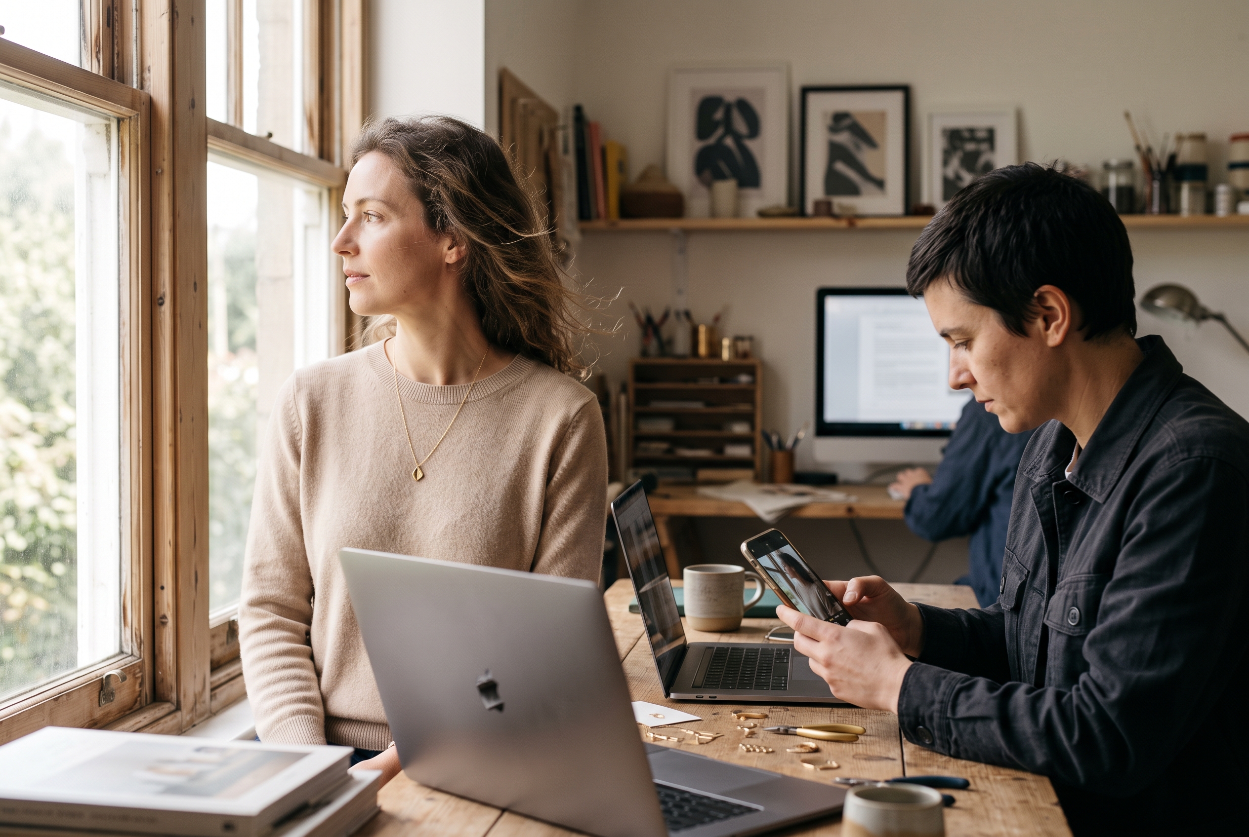 Woman modeling a delicate gold pendant necklace near a bright window as a maker reviews the shot on a phone