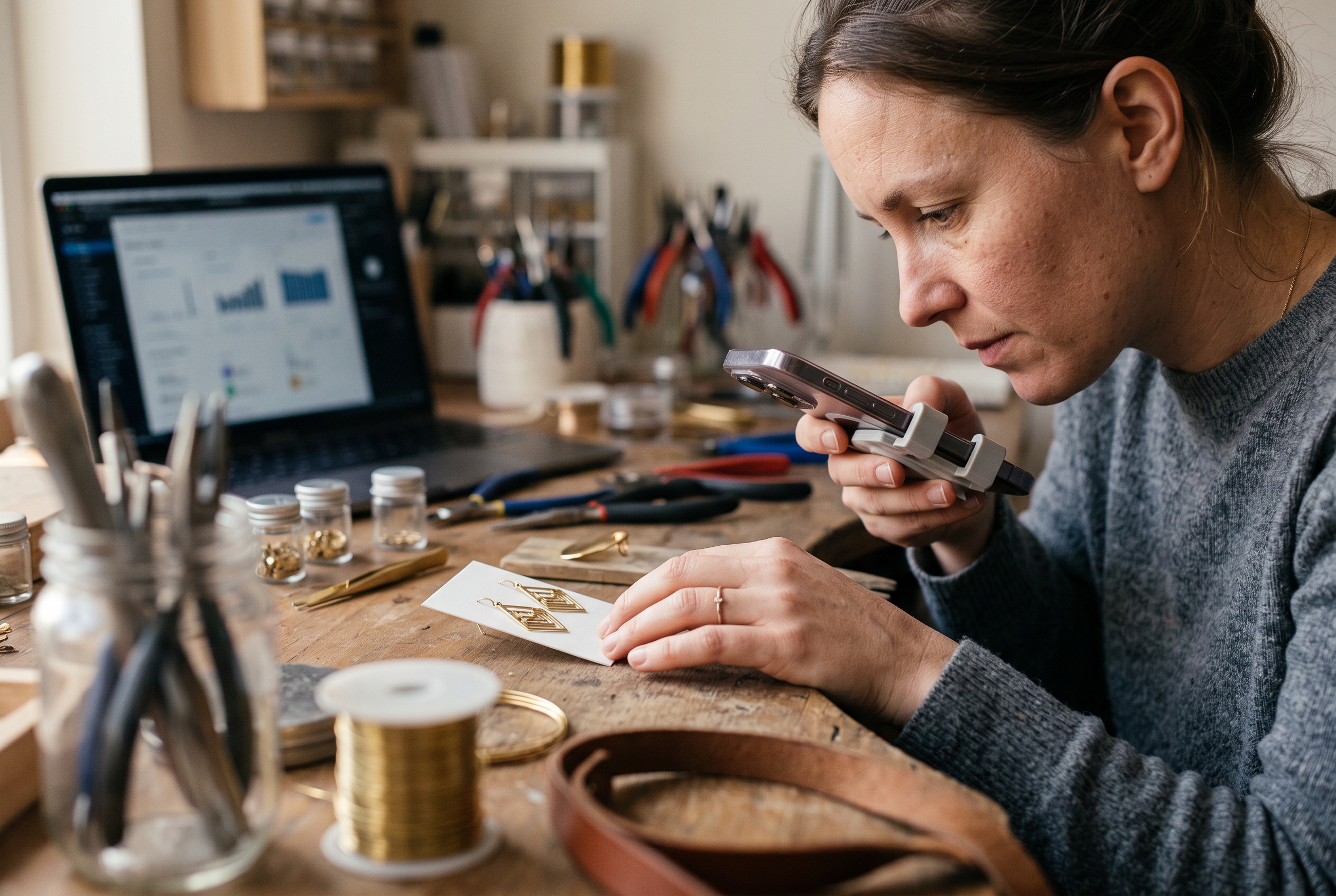 Jewelry maker filming a short video of new earrings on a phone tripod at a workbench cluttered with tools