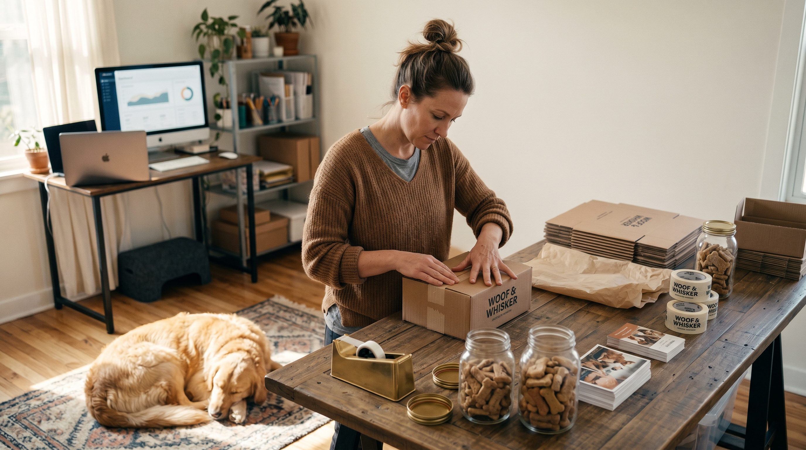 Small business owner packing dog treats into branded boxes on a wooden table beside a sleeping golden retriever