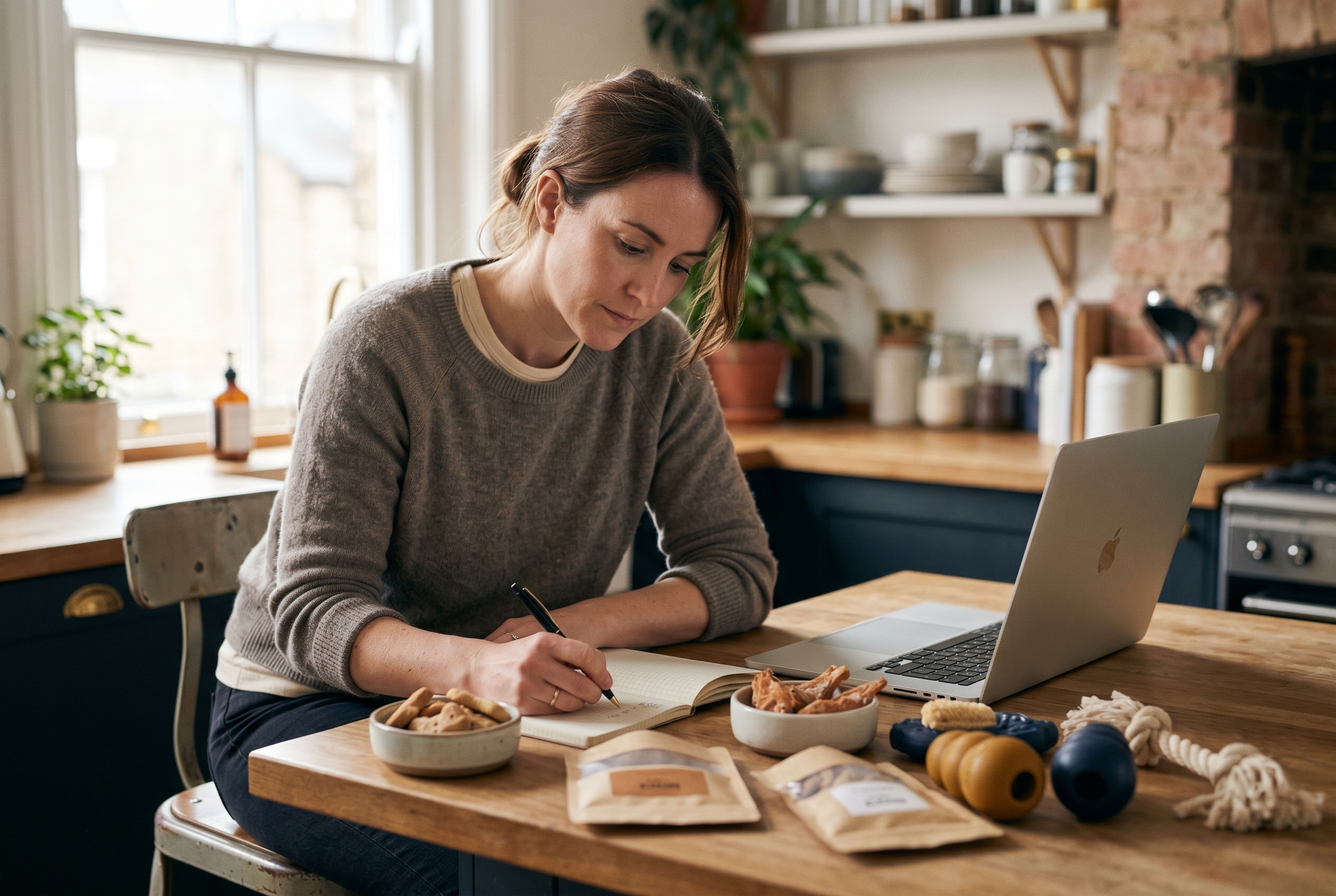 Founder comparing samples of pet treats and toys laid out on a kitchen counter while taking notes in a notebook