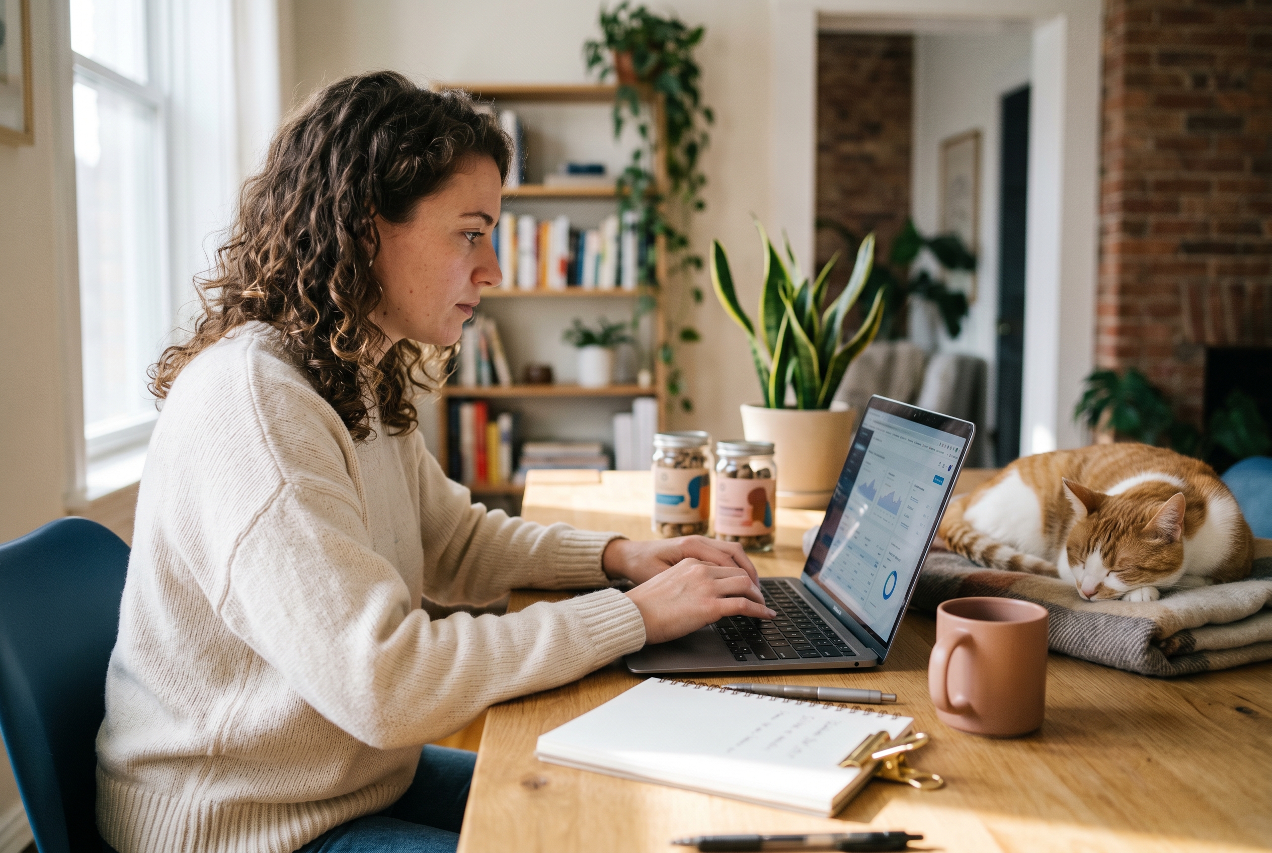 Entrepreneur setting up an online pet store on a laptop at a bright desk with a cat curled up nearby