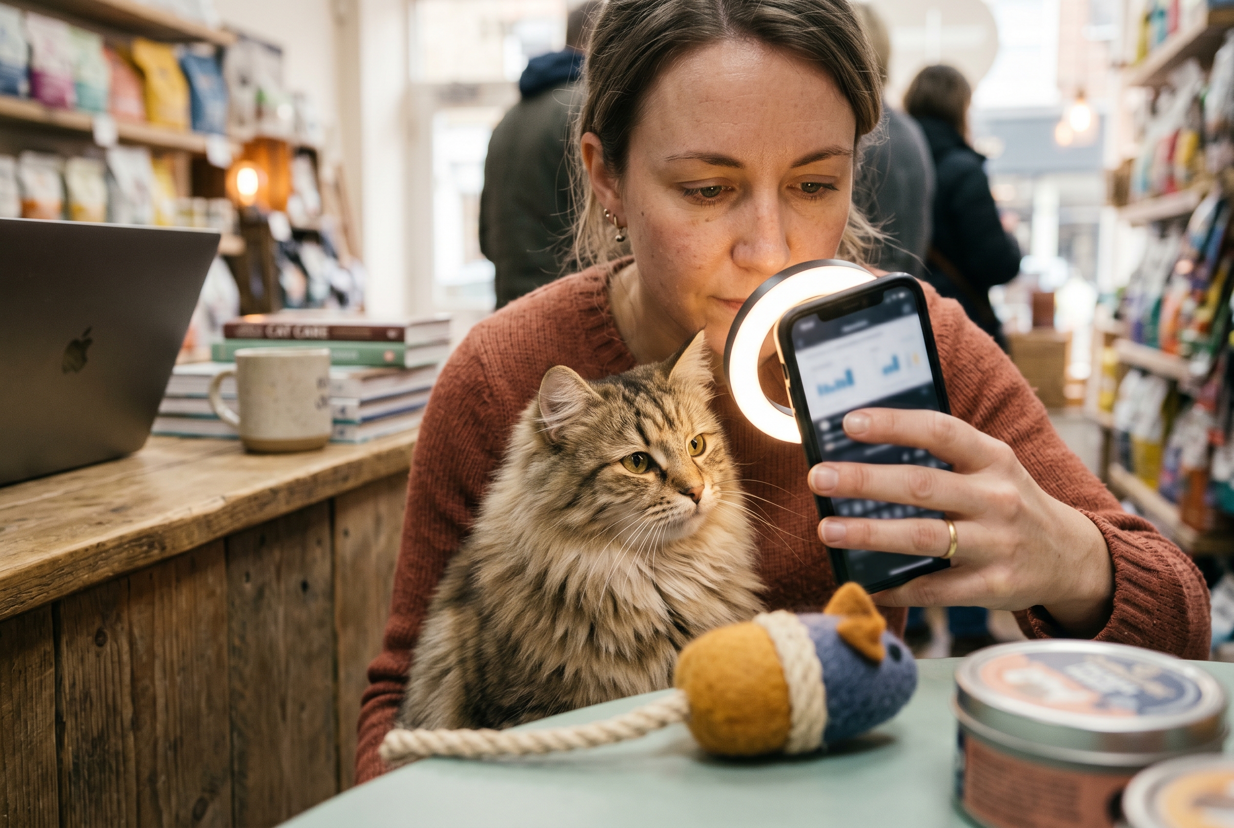 Pet shop owner photographing a fluffy cat with a new toy using a phone and ring light for social media