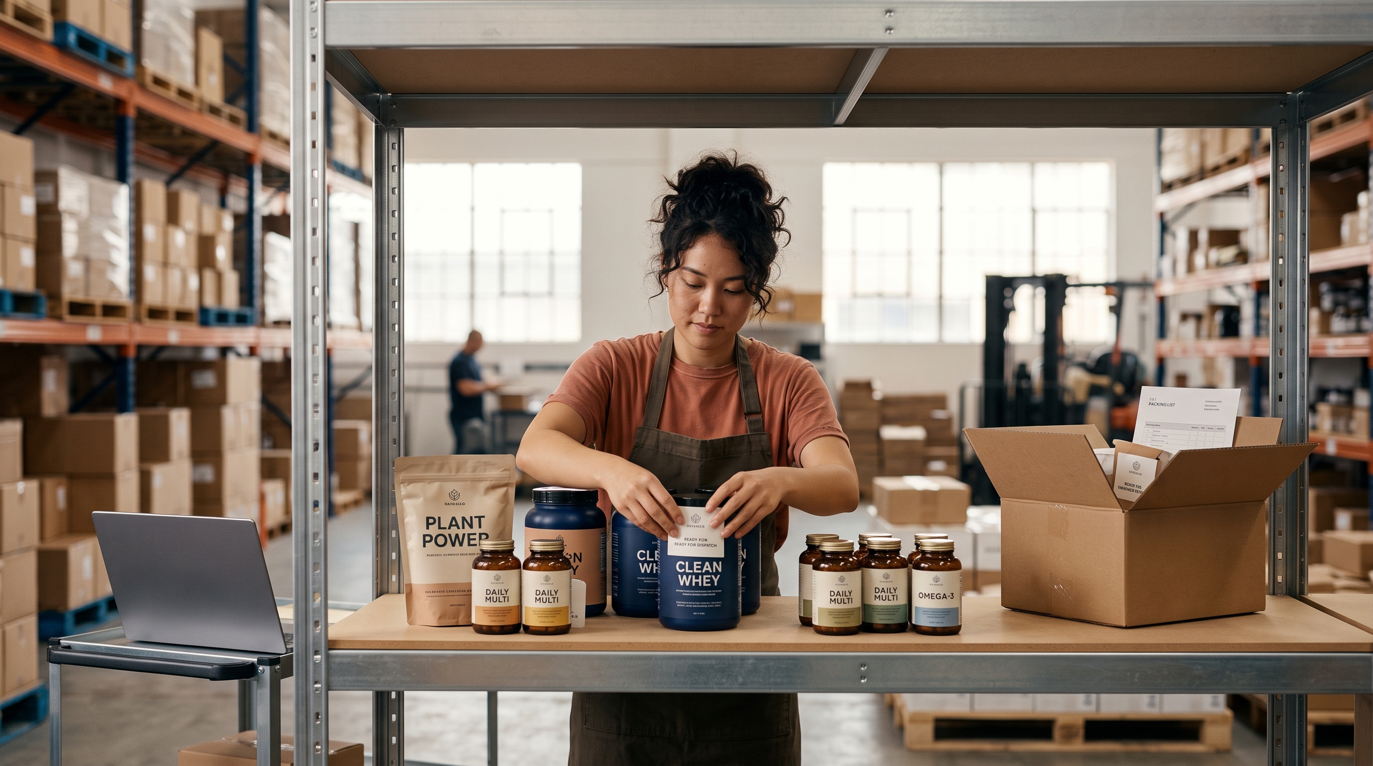 Founder arranging protein powder tubs and vitamin bottles on a bright warehouse shelf with shipping labels ready