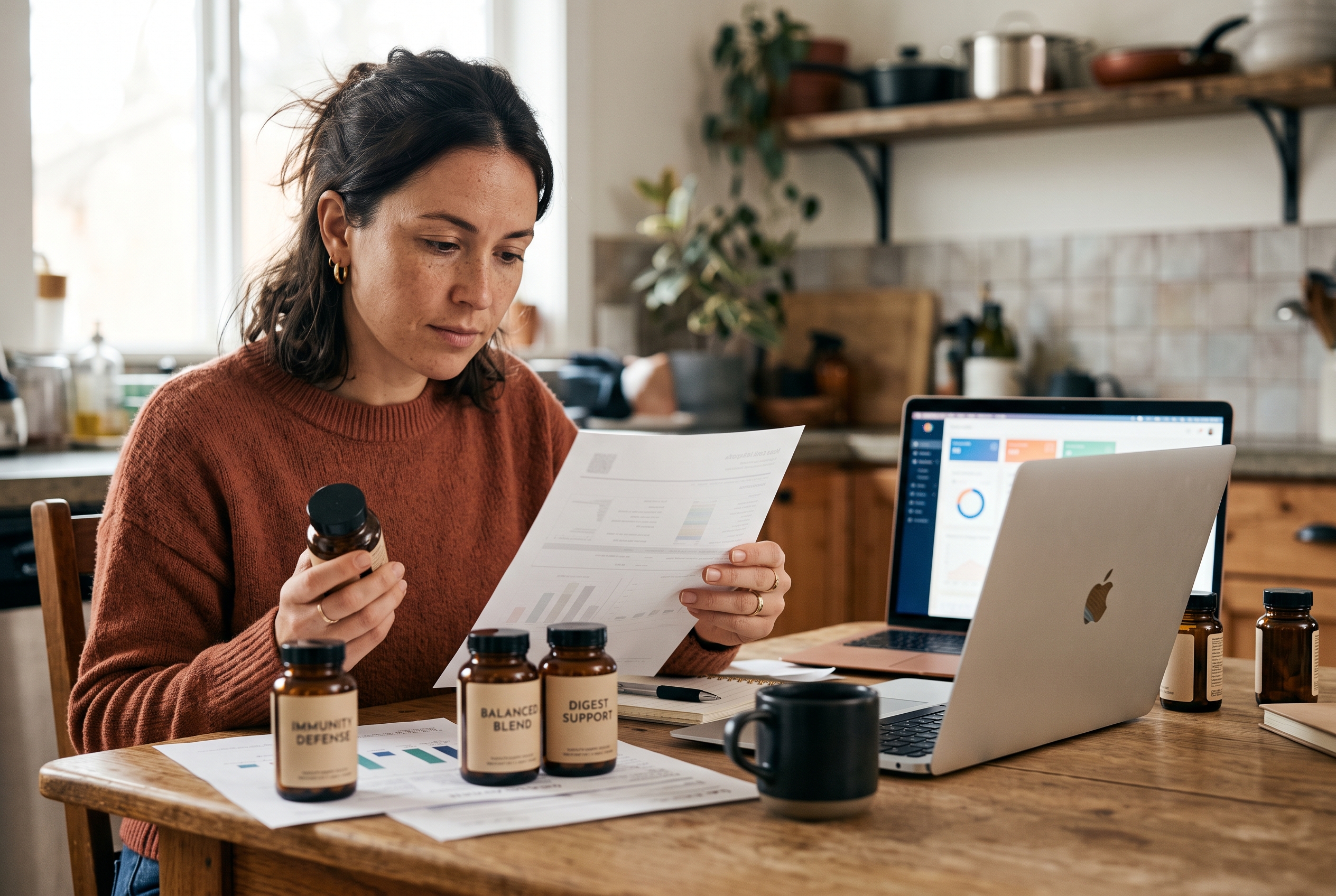 Small business owner comparing supplement samples and lab certificates at a kitchen table with a laptop open