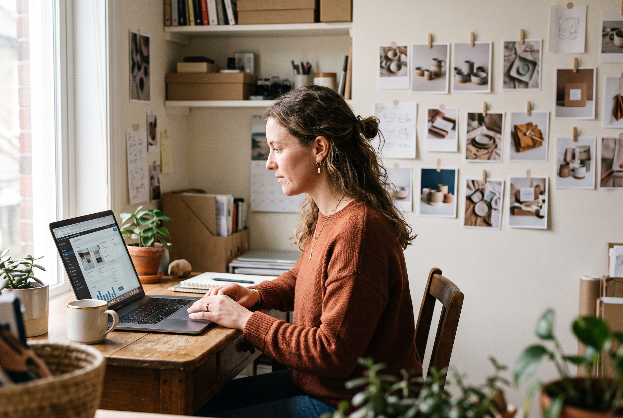Entrepreneur building an online store on a laptop in a home office with product photos pinned to the wall behind
