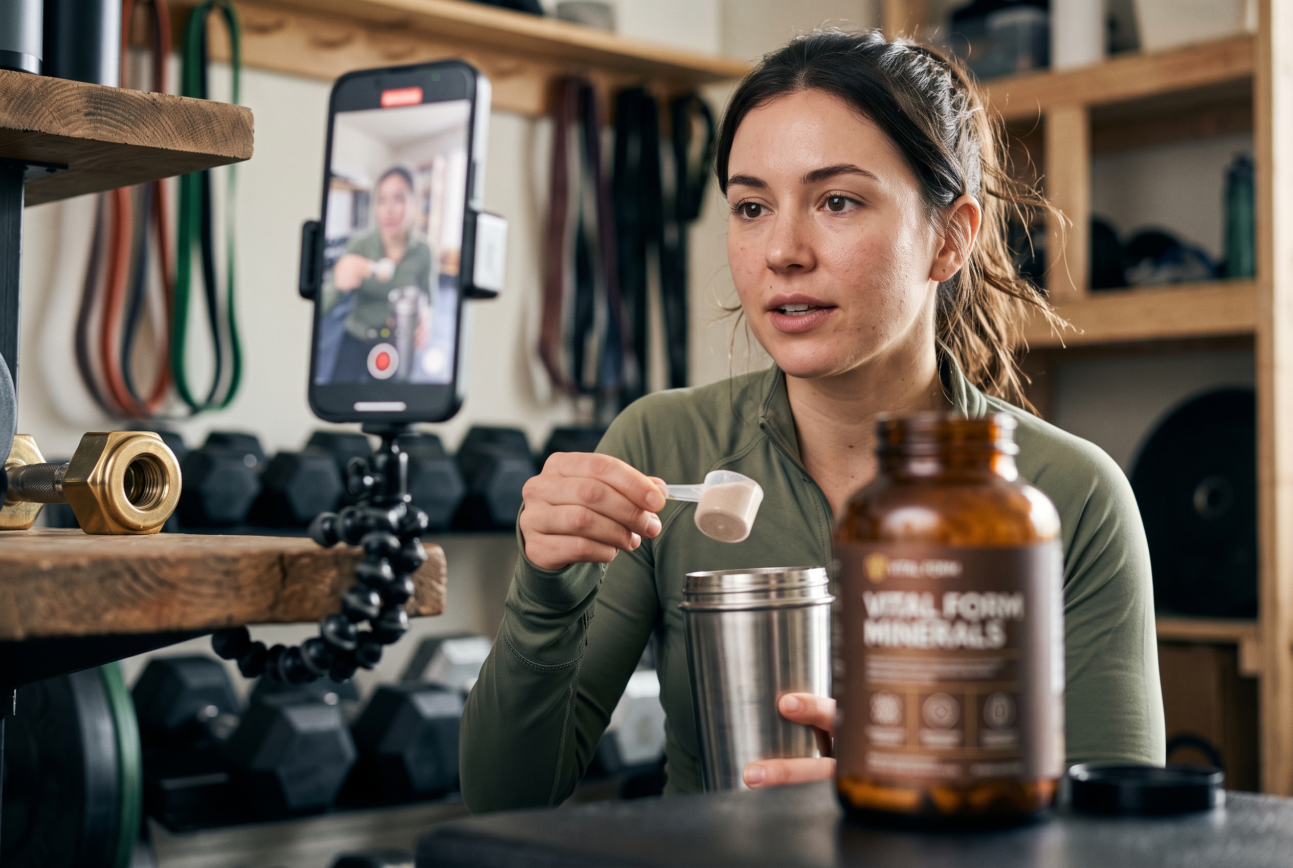 Content creator filming a short supplement review video on a phone tripod in a home gym with weights nearby