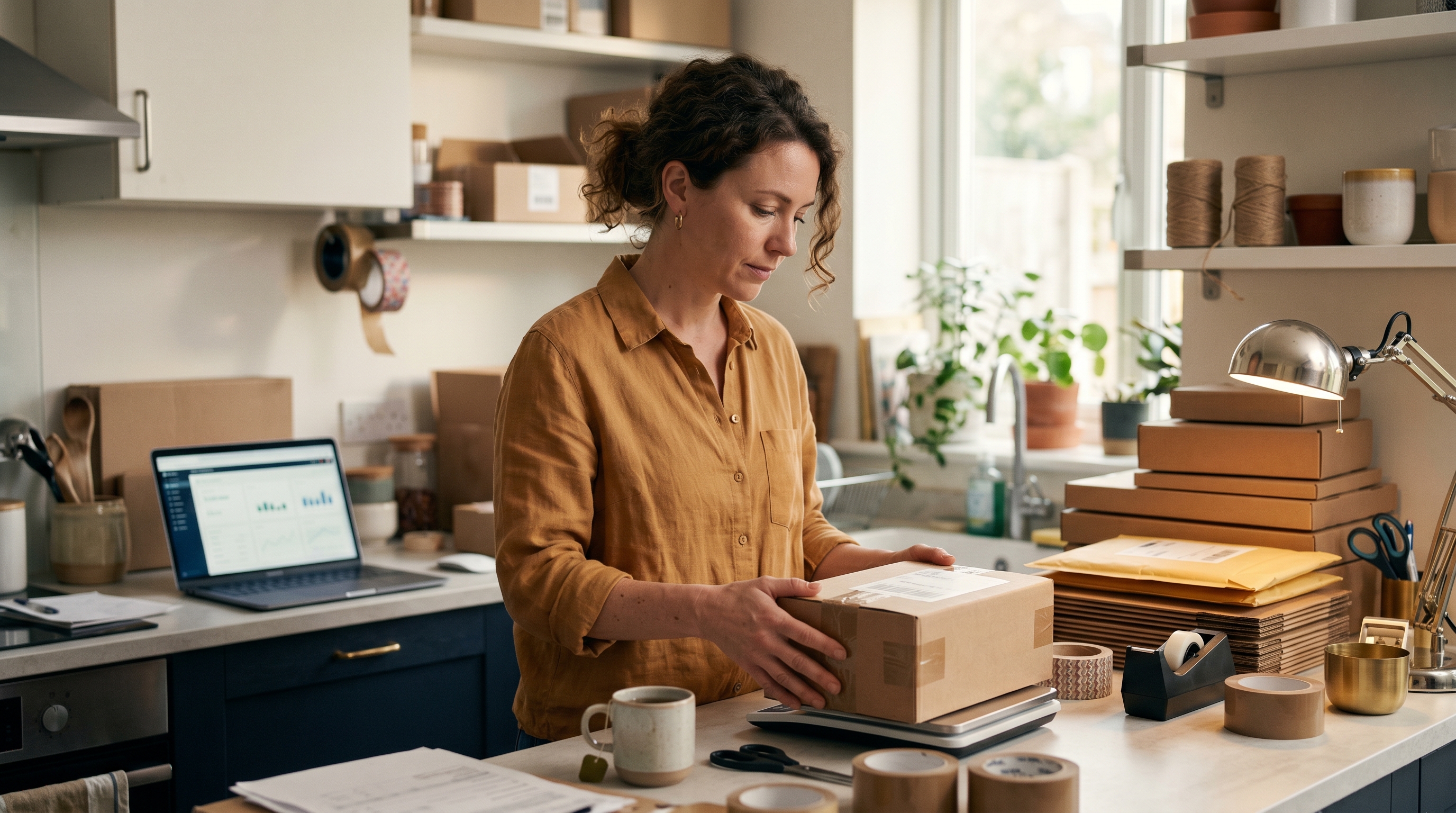 Small business owner weighing a packed parcel on a kitchen scale surrounded by shipping supplies and a laptop