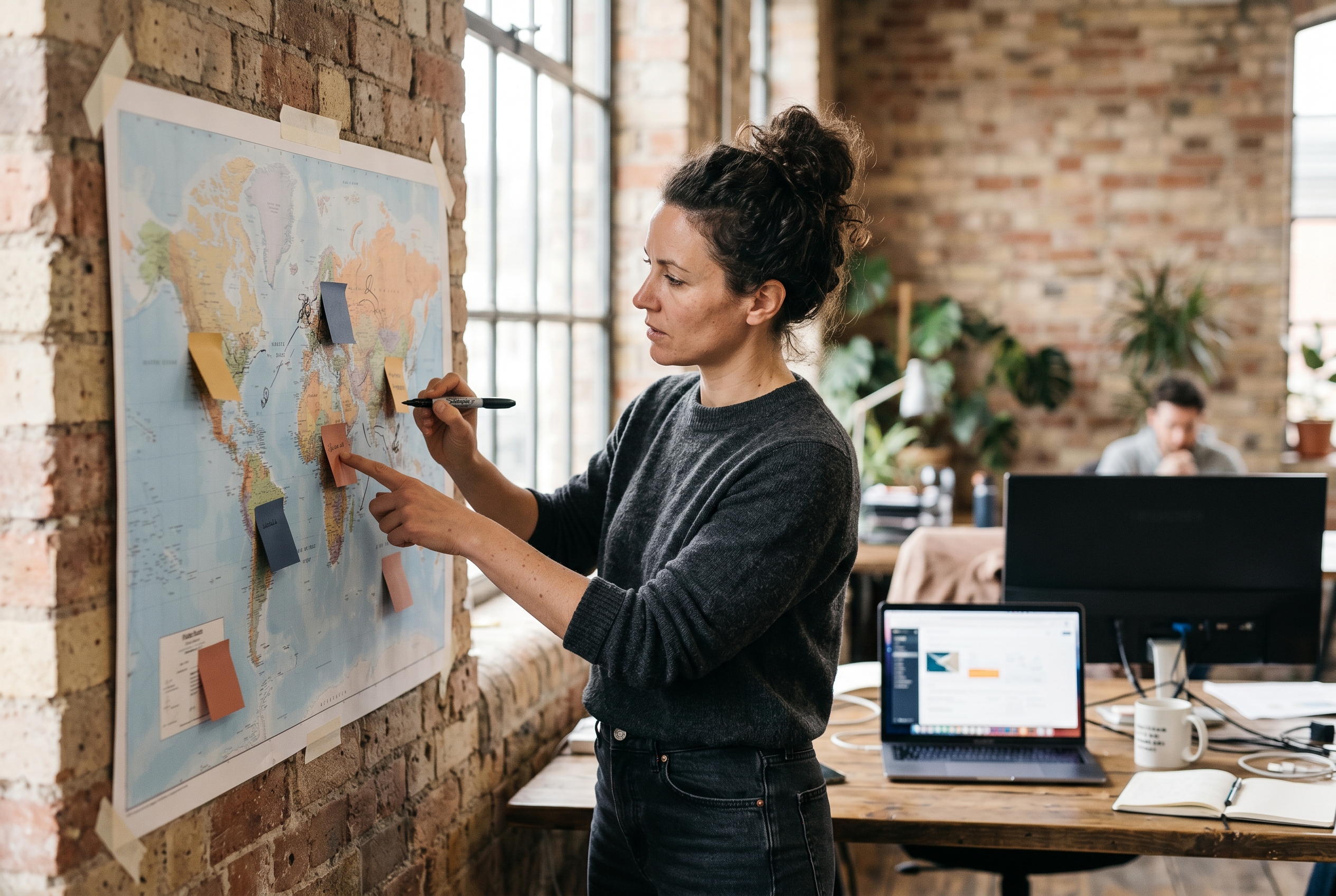 Founder mapping shipping regions on a printed map taped to a wall with sticky notes and a marker