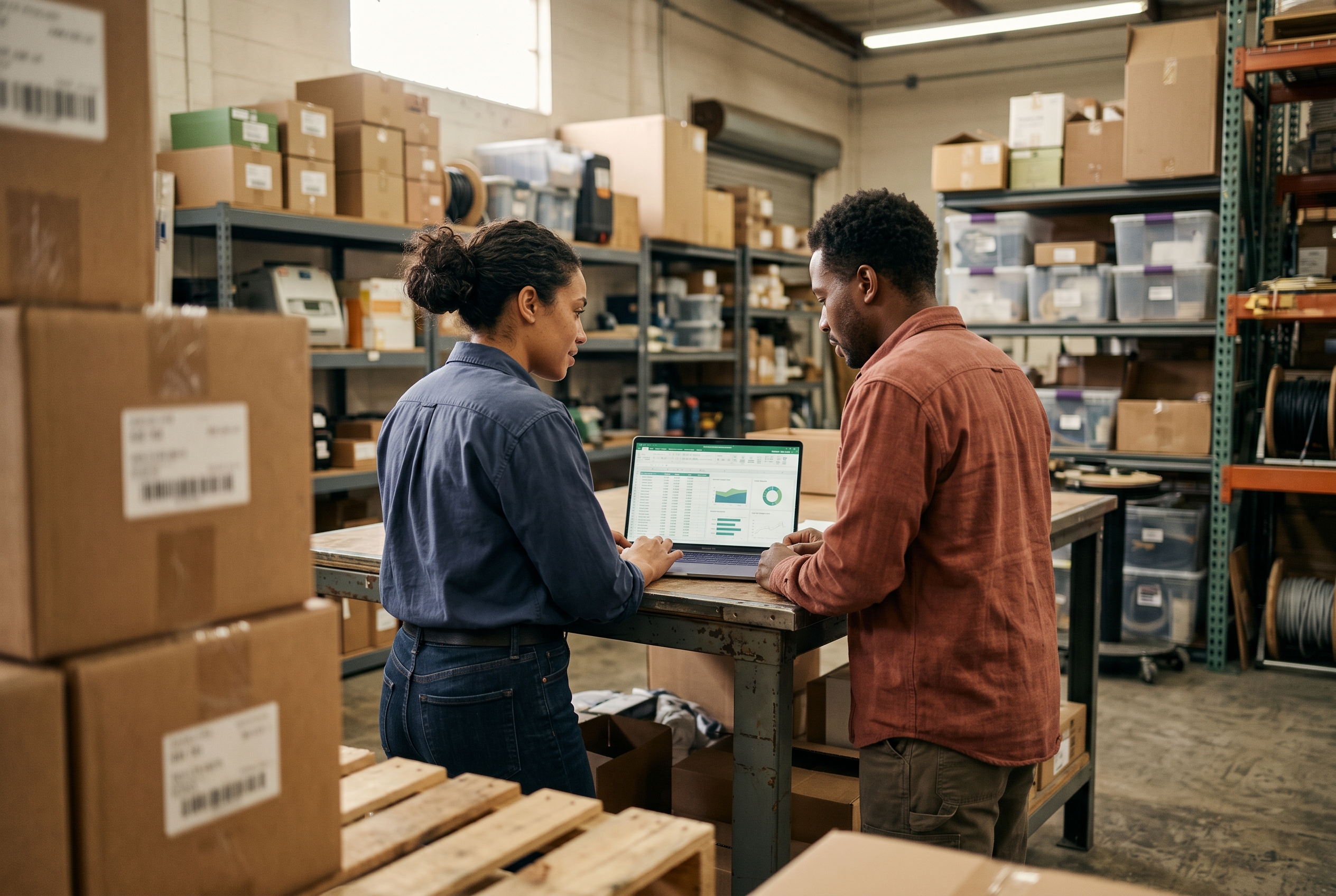 Two team members reviewing a spreadsheet of product weights and box dimensions on a laptop in a small warehouse