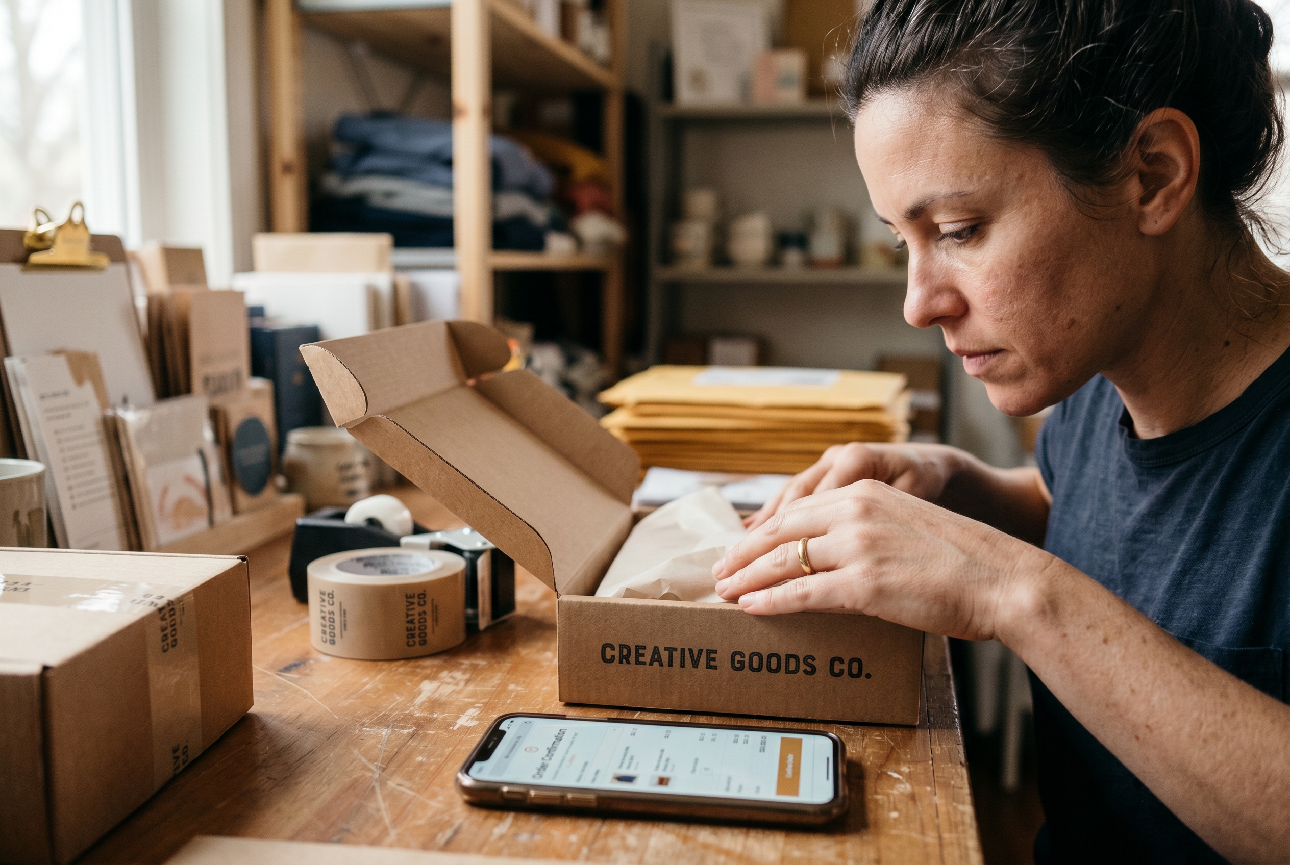 Online shop owner packing an order into a branded box at a wooden table with a phone showing the order confirmation