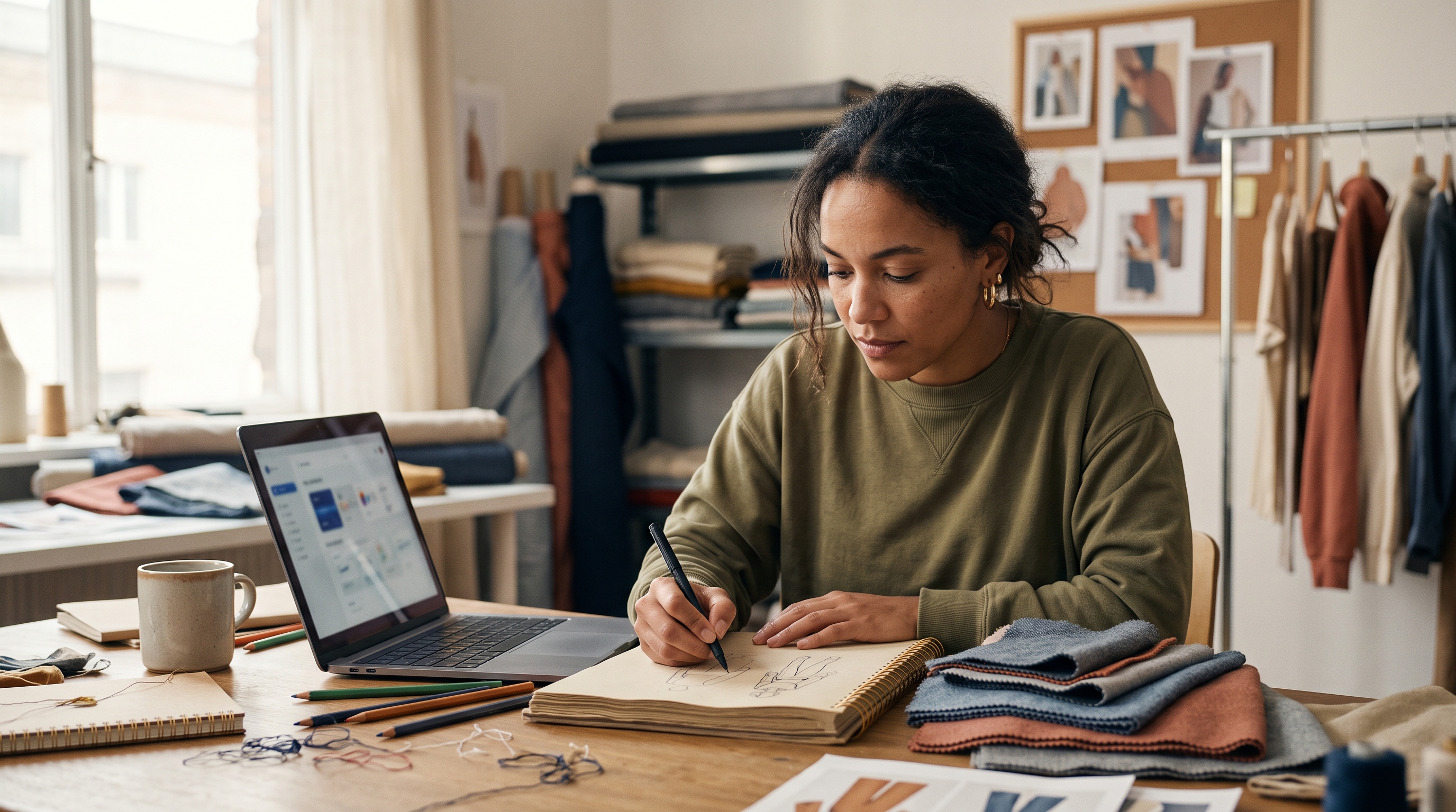 Founder sketching apparel designs at a cluttered studio desk with fabric swatches and a laptop under warm morning light
