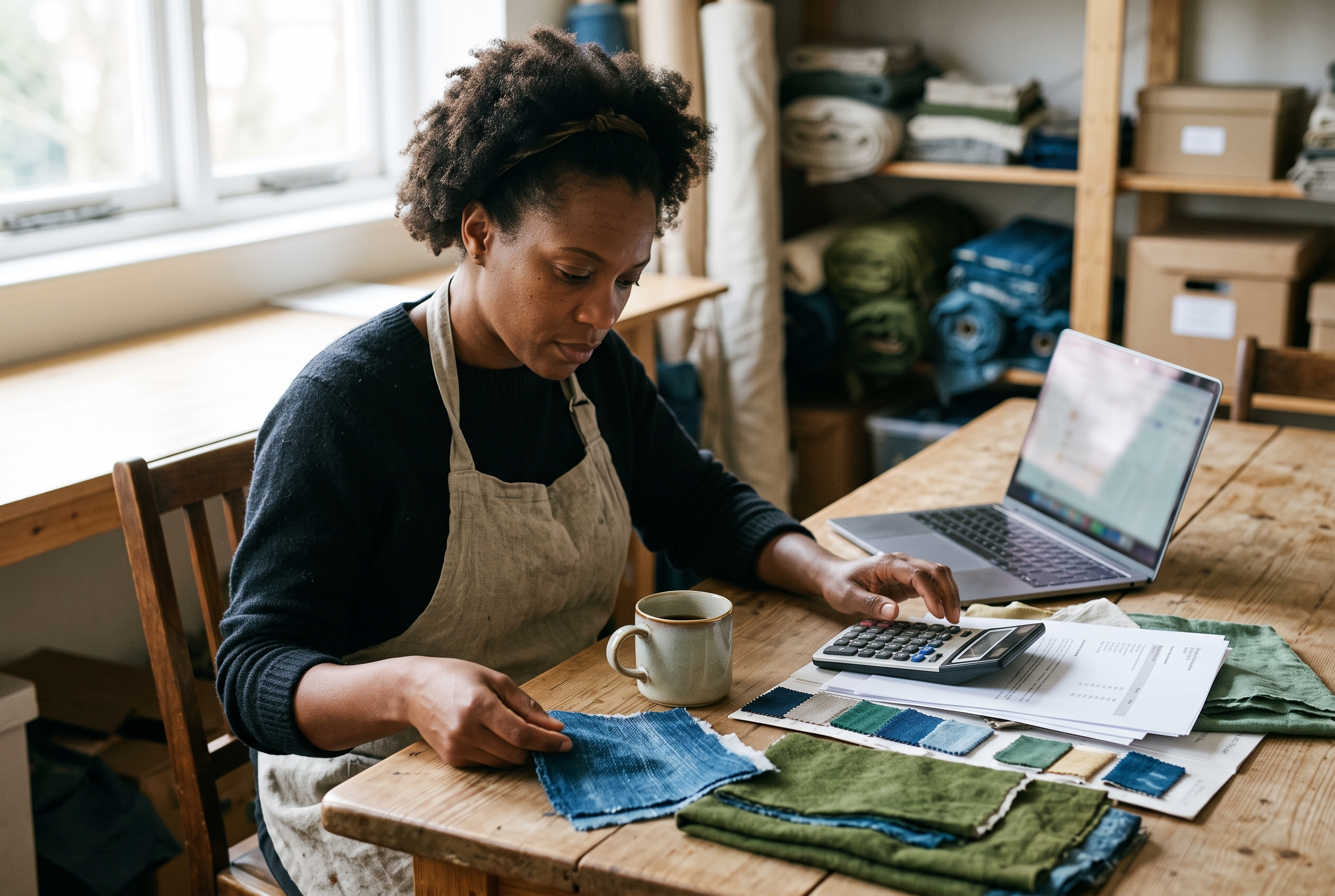 Small business owner comparing fabric samples and price sheets at a wooden table with a calculator and coffee mug