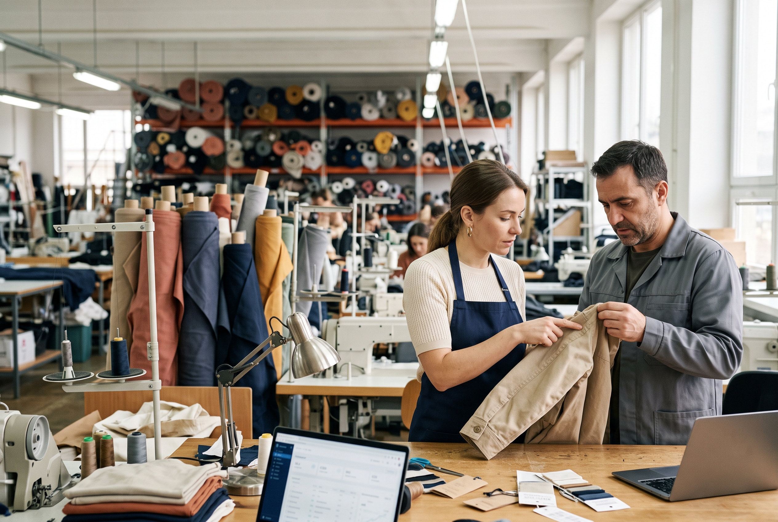 Two people inspecting stitching quality on sample garments in a bright textile factory with rolls of fabric behind them