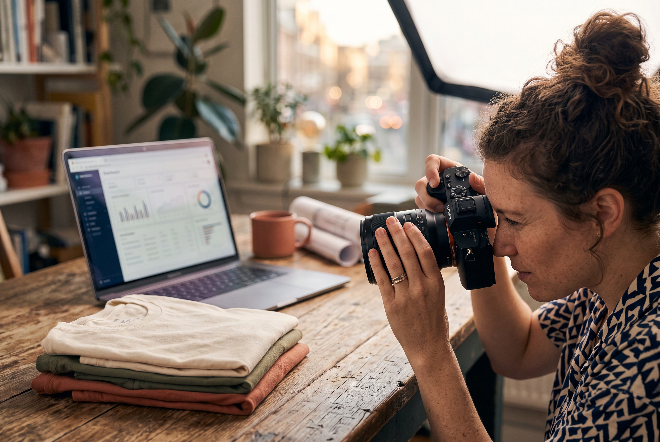 Founder photographing folded t-shirts on a wooden table with a softbox light and laptop showing an online store