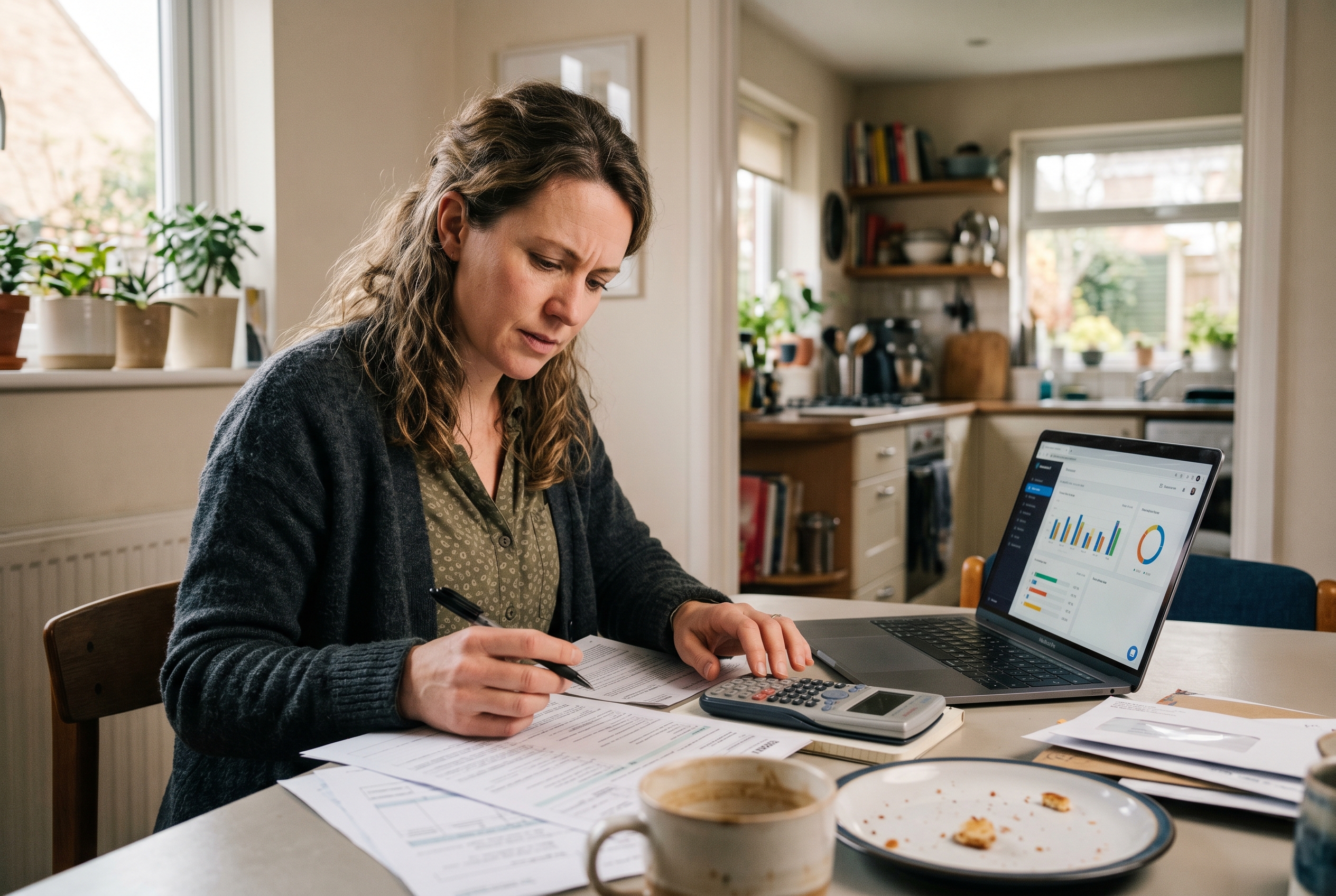 Business owner reviewing legal documents and a tax form on a kitchen table with a calculator and laptop nearby