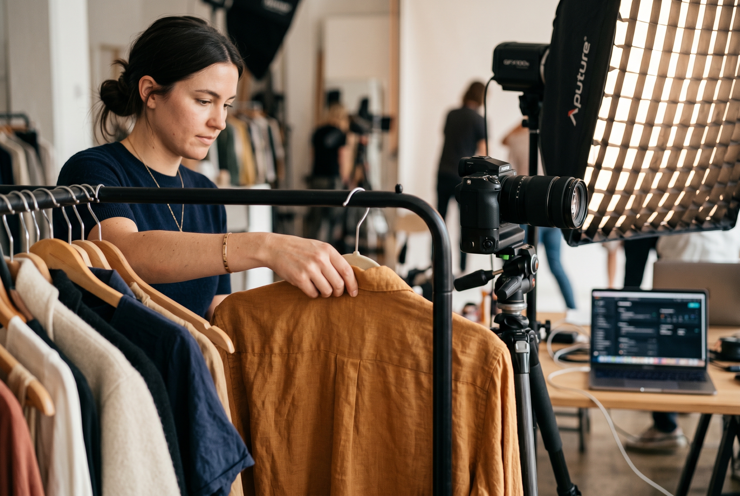 Stylist arranging garments on a clothing rack next to a camera and softbox lighting setup for boutique product photos