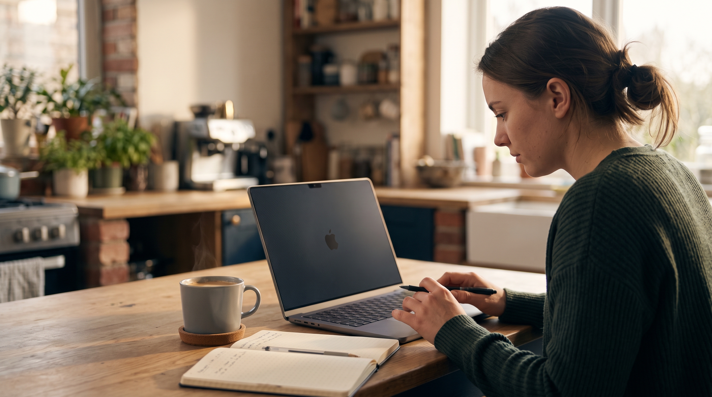 Young entrepreneur working on a laptop at a kitchen table with a notebook and coffee in morning light