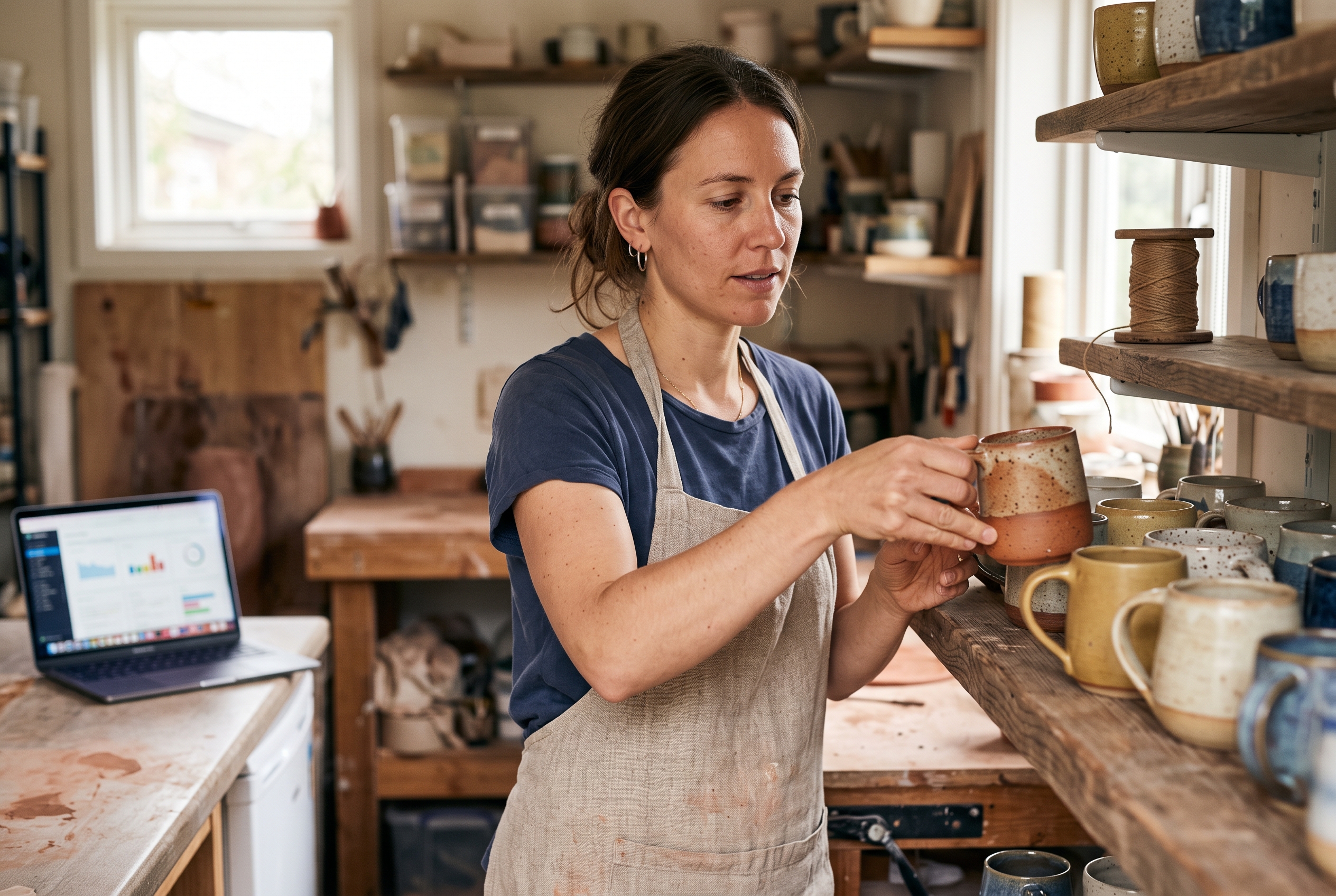 Small business owner arranging handmade ceramic mugs on a wooden shelf in a home studio