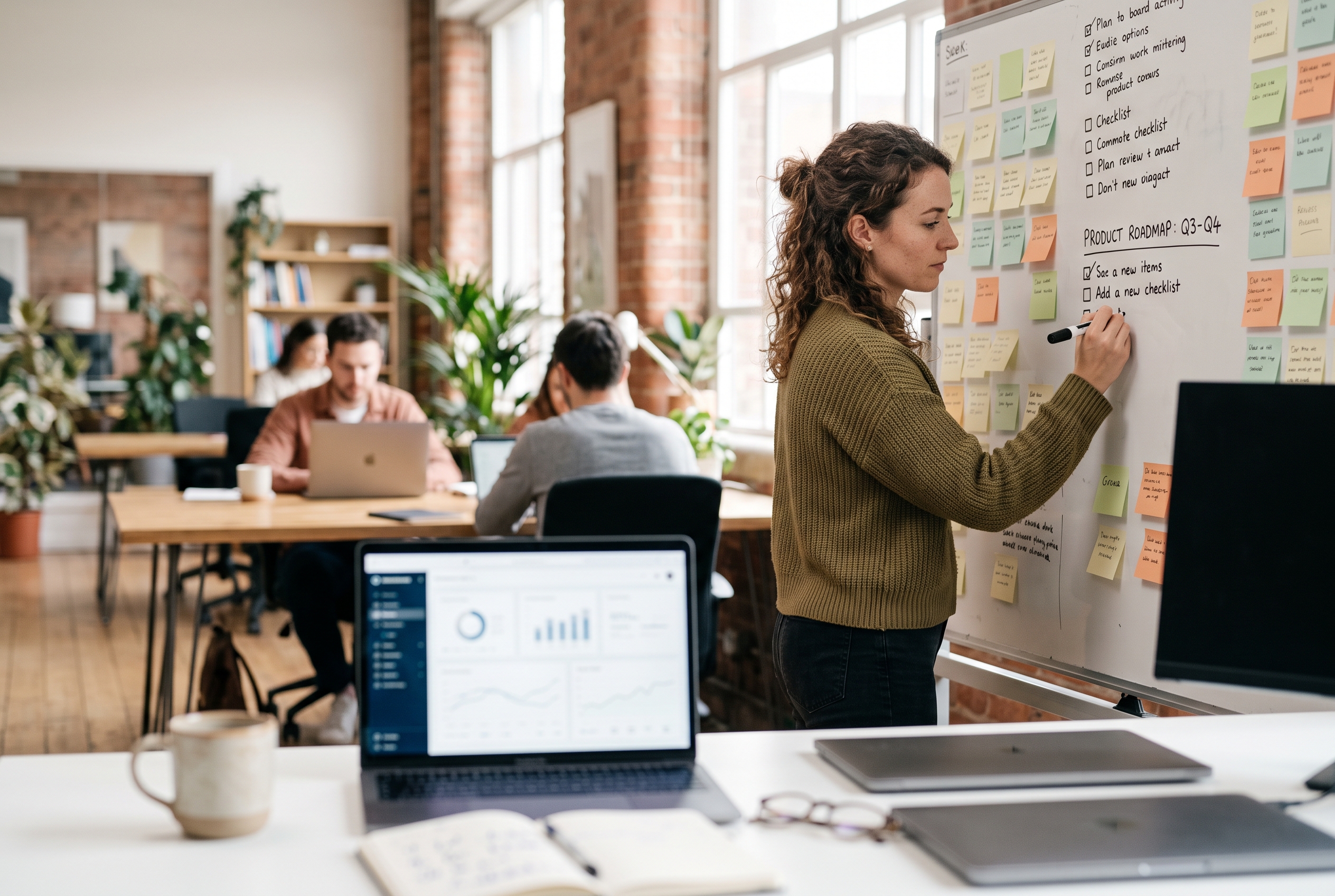 Founder writing a checklist on a whiteboard covered in sticky notes in a bright coworking space