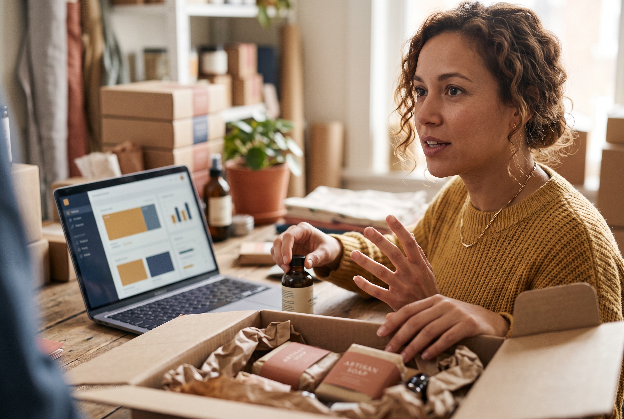 Woman describing her store to an AI assistant on a laptop while unpacking product boxes at a desk