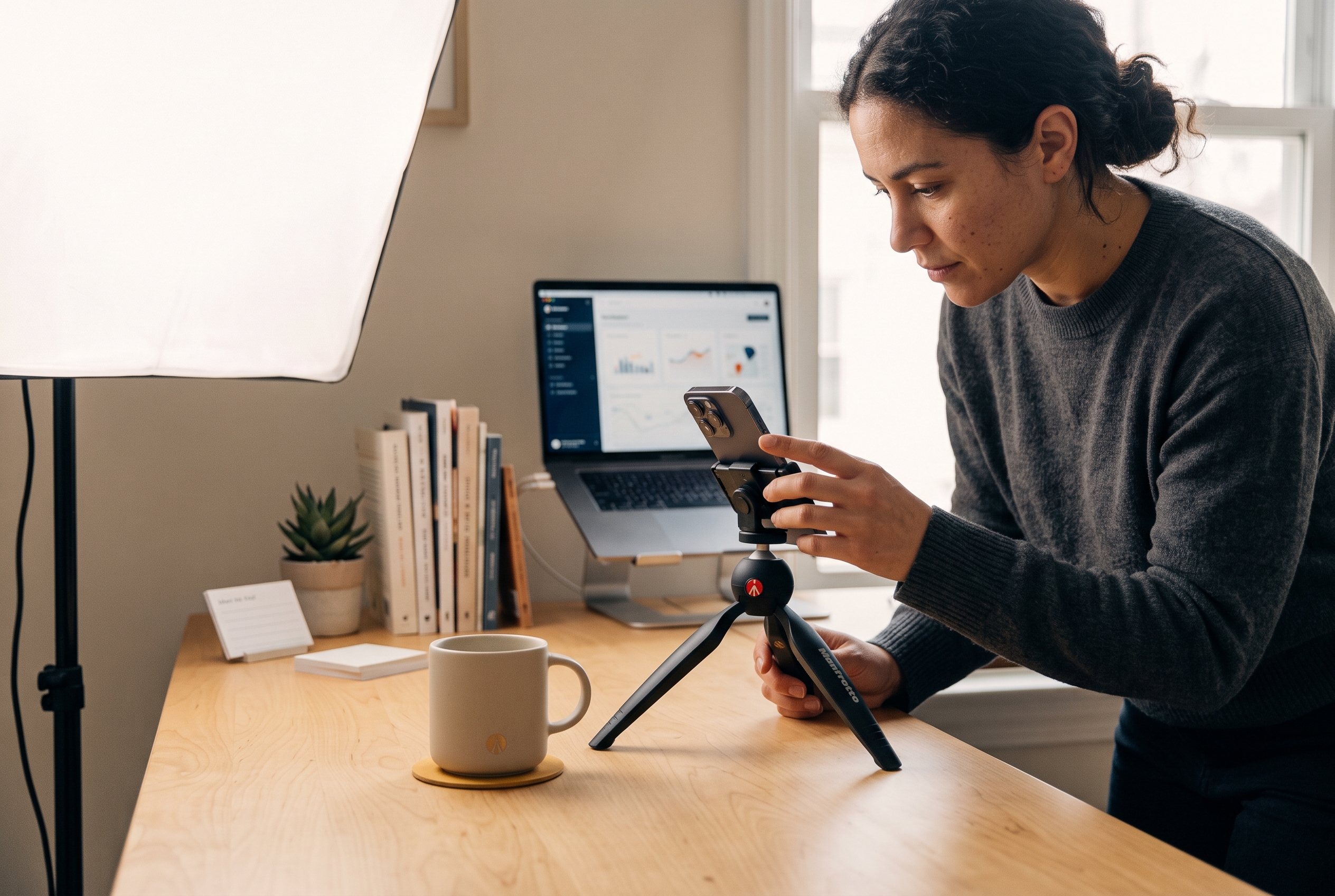 Founder photographing a product with a phone on a tripod under a softbox light on a tidy desk