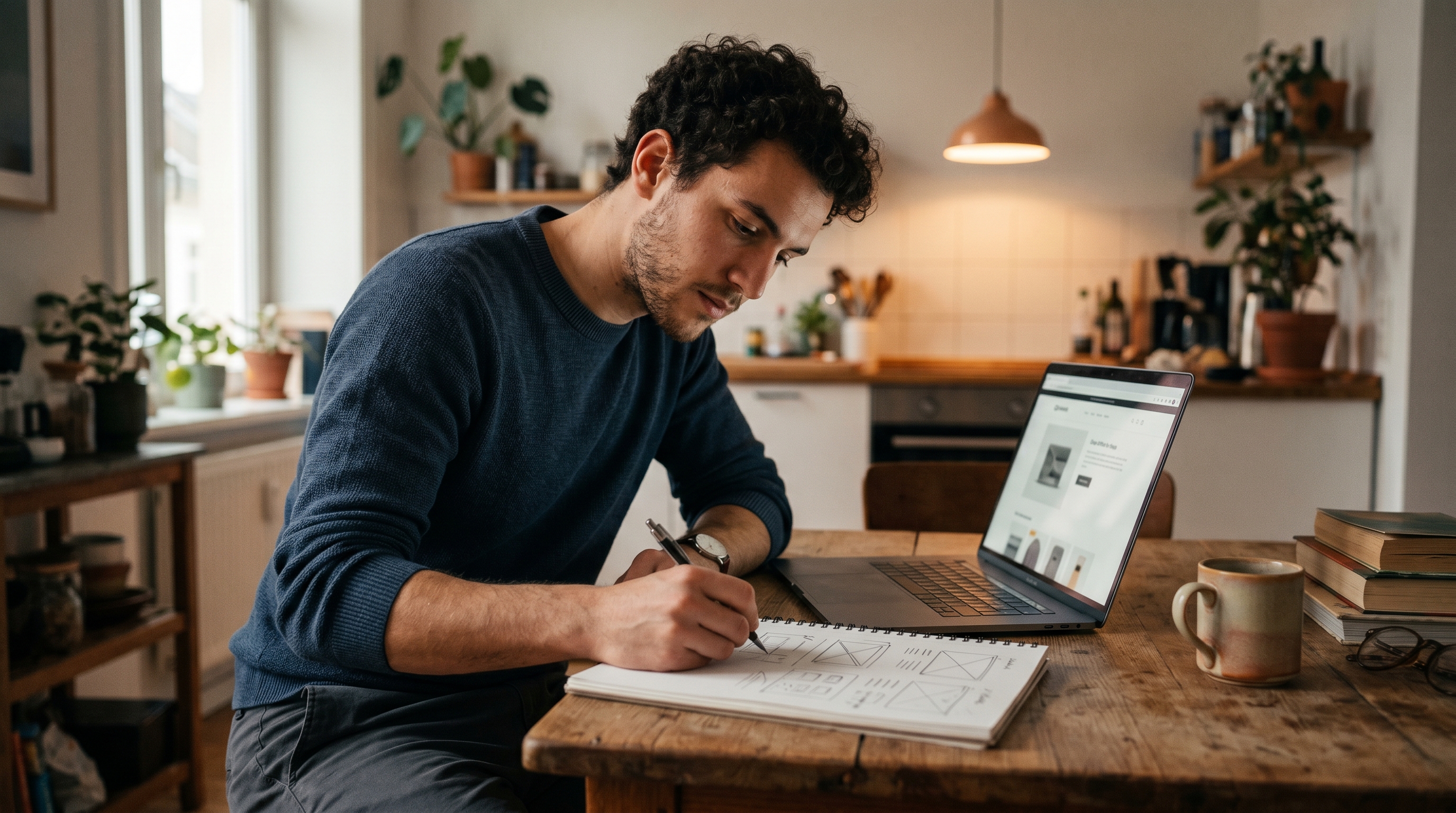 First-time founder at a kitchen table sketching product ideas on paper next to a glowing laptop showing a storefront