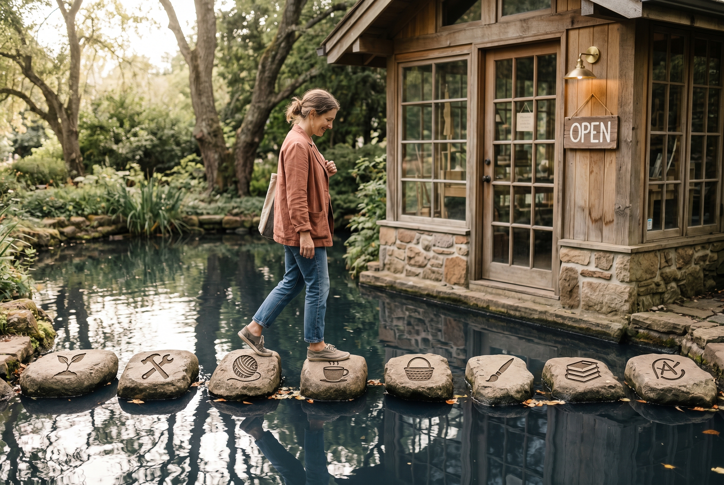 Eight stepping stones across water leading toward a small shop with an open sign, each stone labeled with an icon