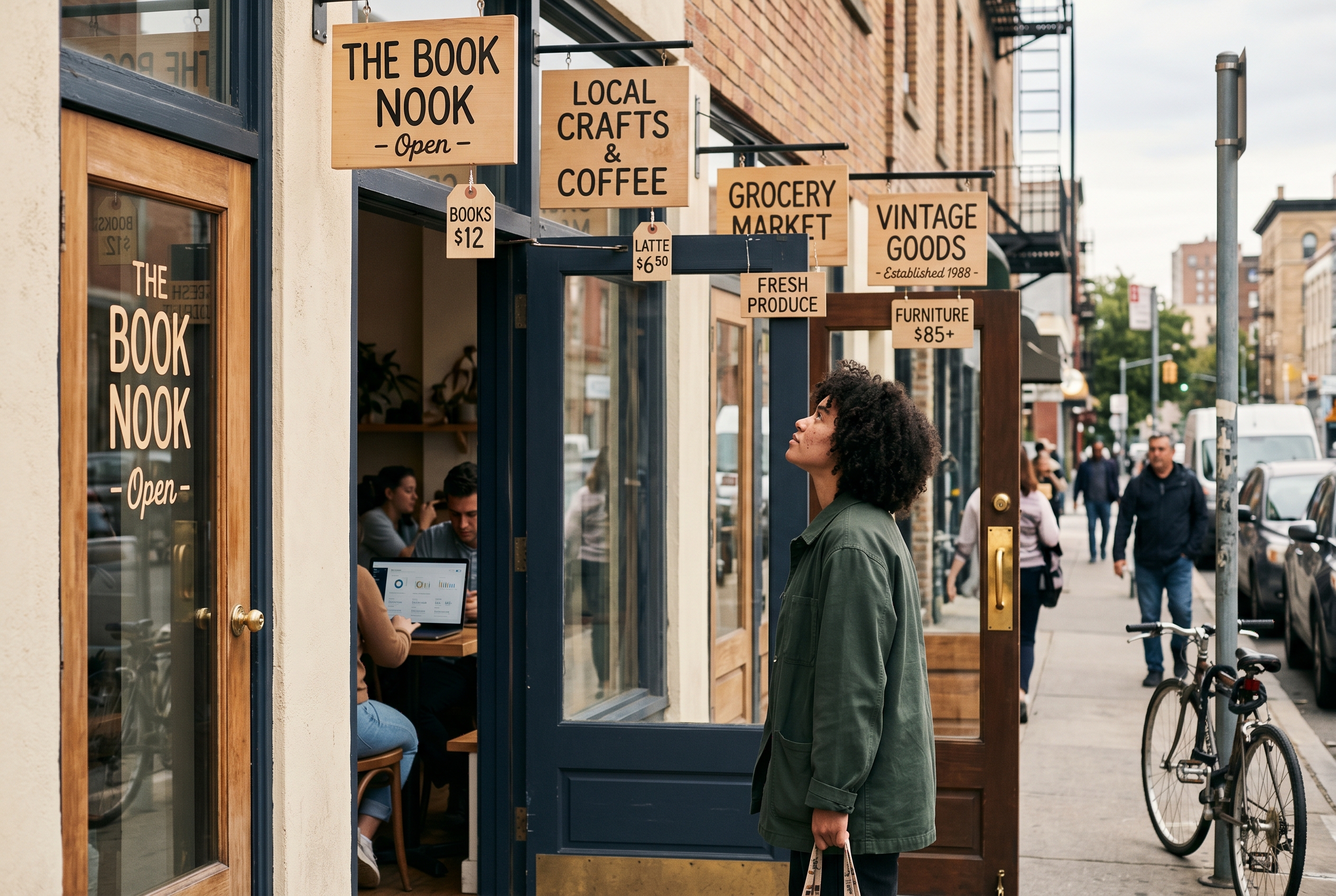 Four storefront doors side by side, each with different signage and price tags hanging above them, a customer choosing one