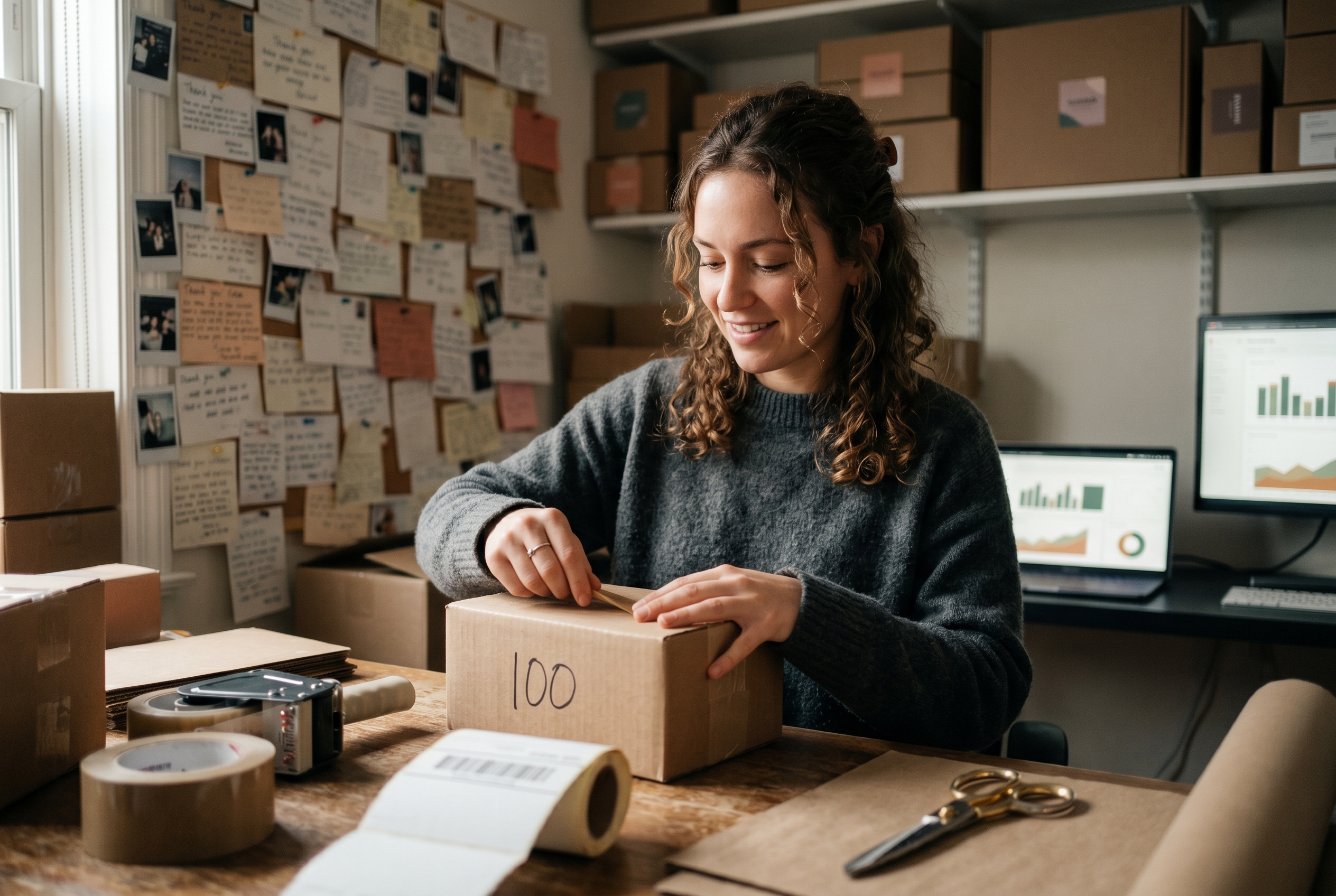Founder packing the hundredth order in a small studio surrounded by a wall of customer thank-you notes and product boxes